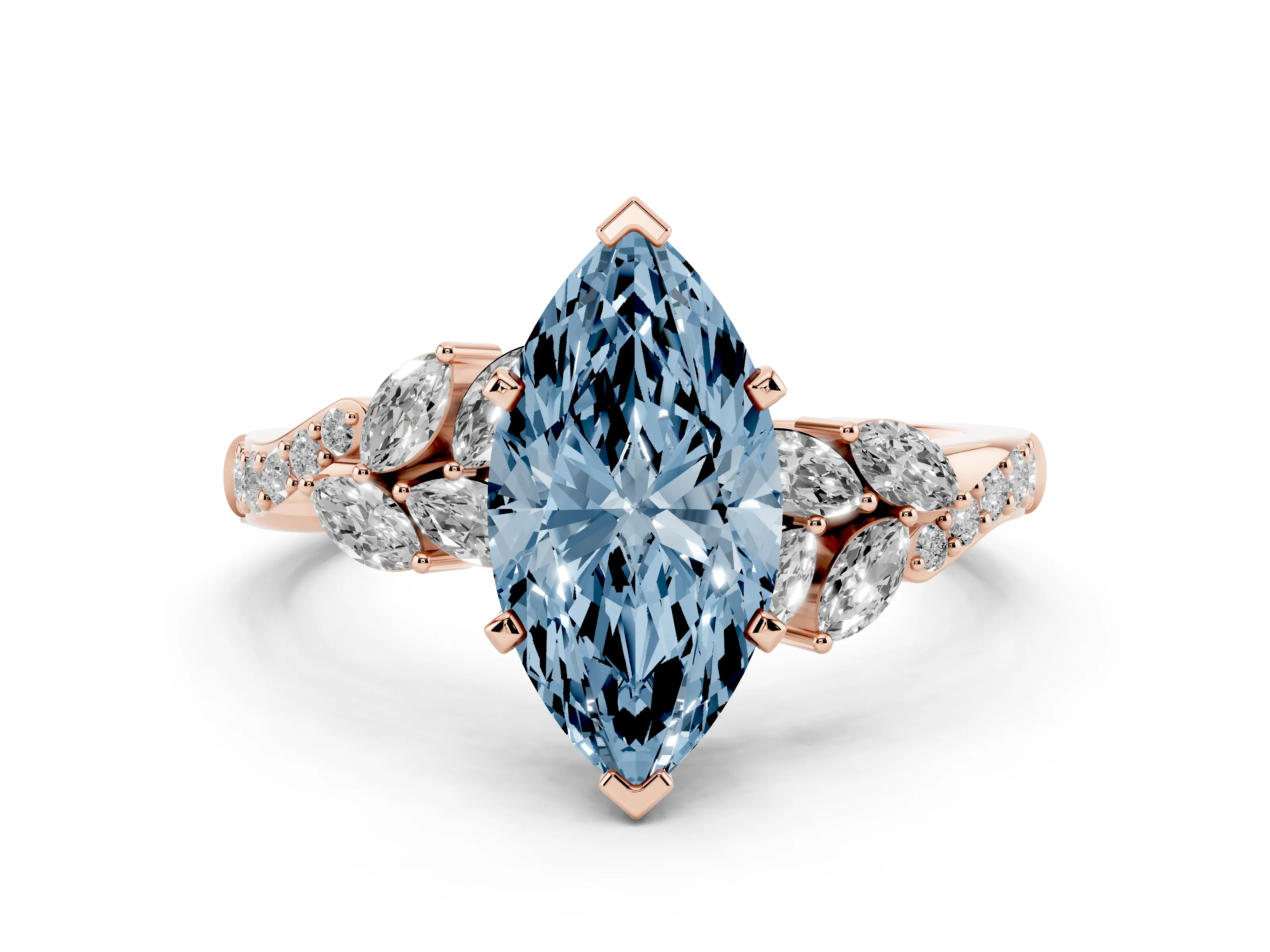 Fancy Blue Marquise Cut Diamond Solitaire Ring Set in Rose gold with Marquise Twist Band and Prong Setting