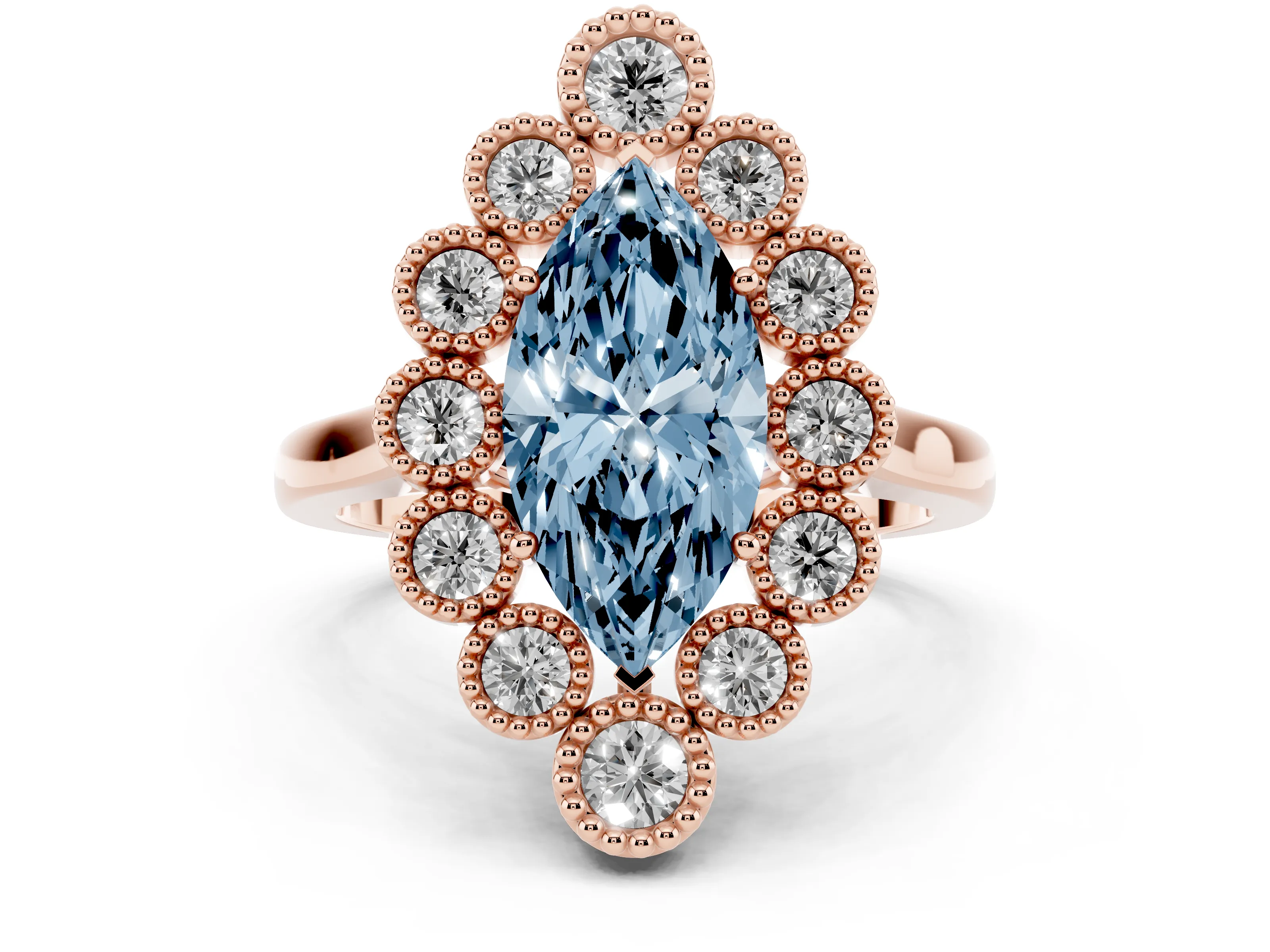 Fancy Blue Marquise Cut Diamond Cluster Halo Ring Set in Rose gold with Milgrain Bezel Accents and Plain Band