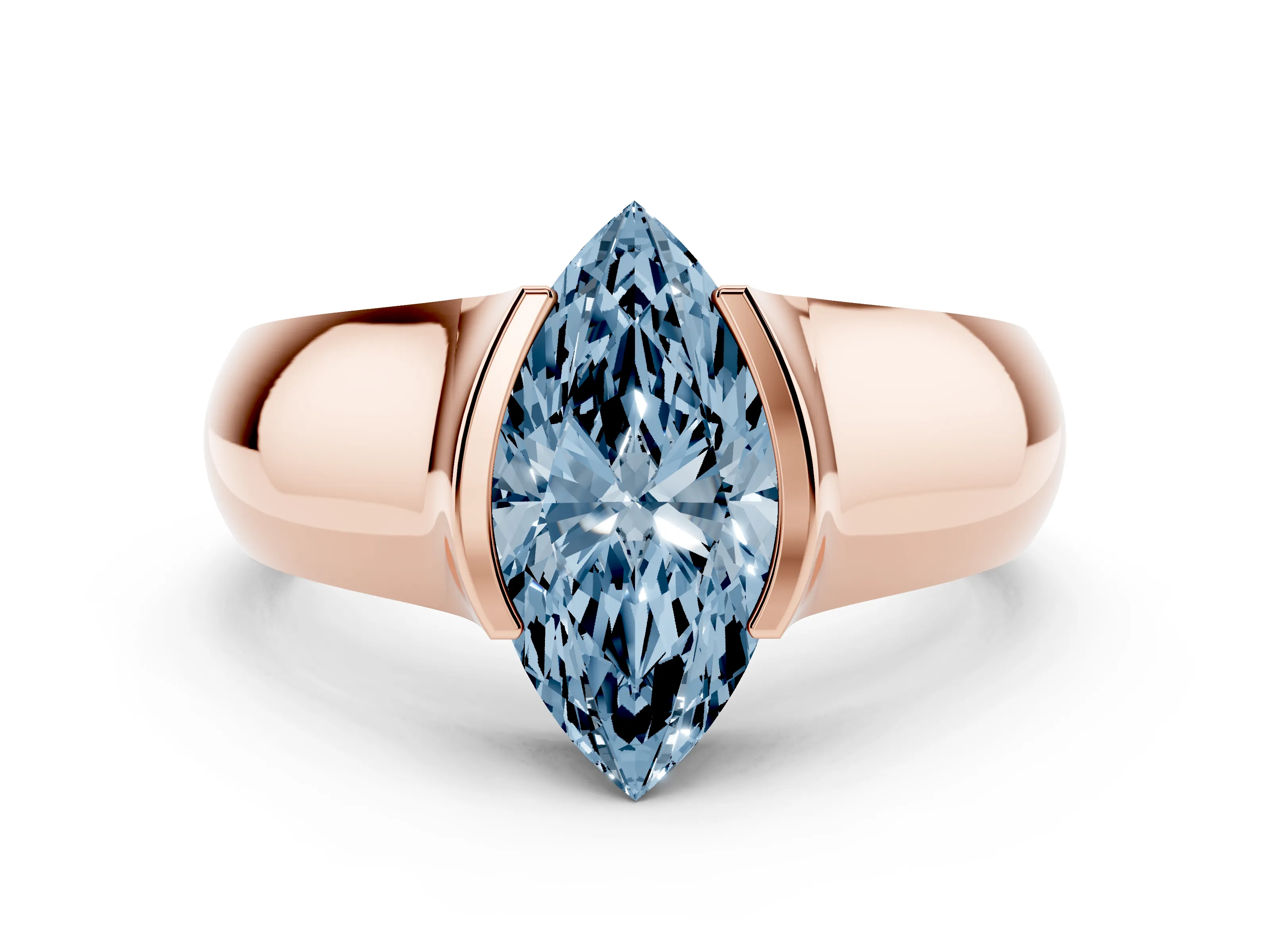 Fancy Blue Marquise Cut Diamond Bezel Solitaire Ring Set in Rose gold with Wide Band