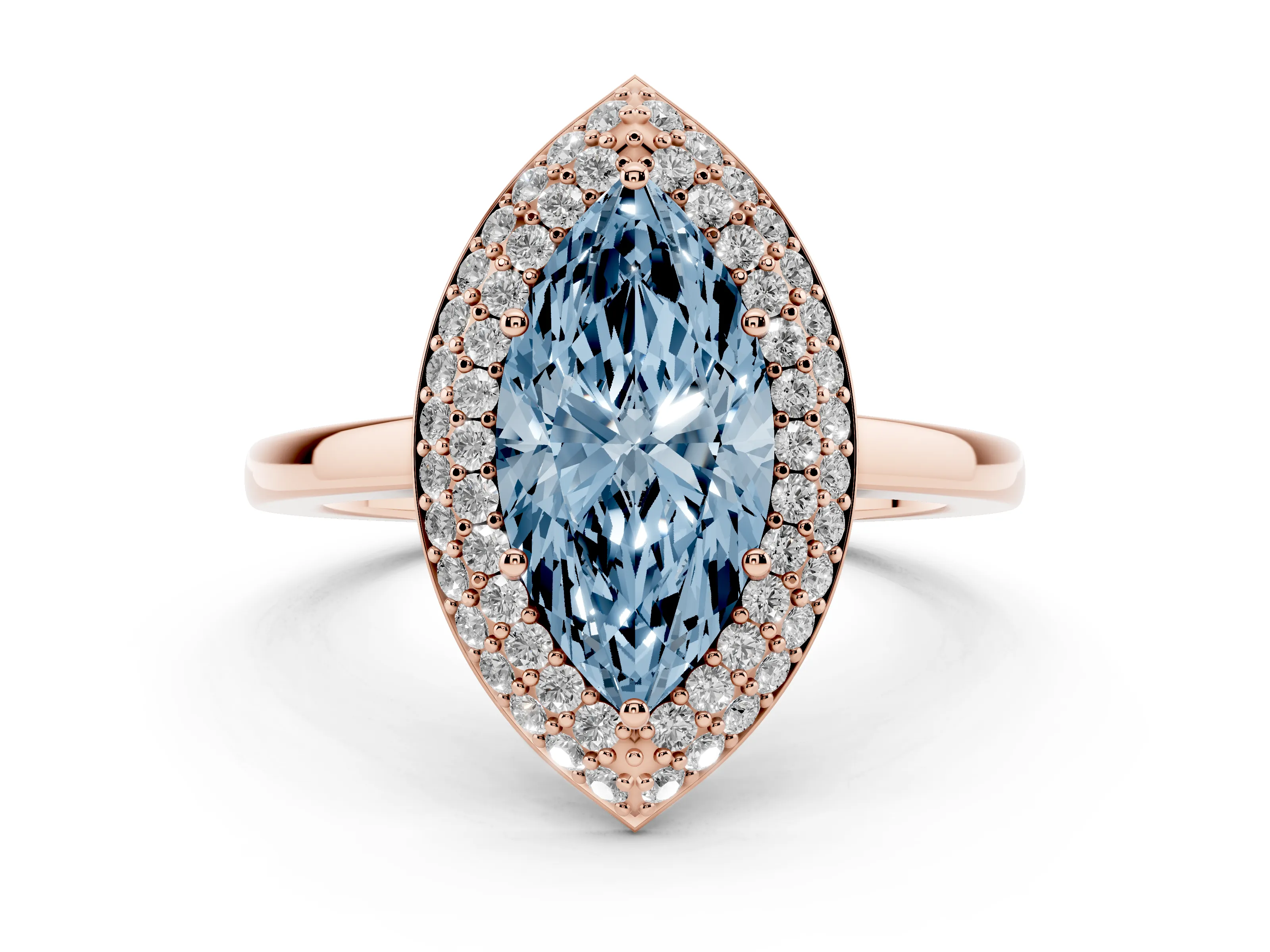 Fancy Blue Marquise Cut Diamond Halo Engagement Ring Set in Rose gold with Solitaire Band and Prong Setting