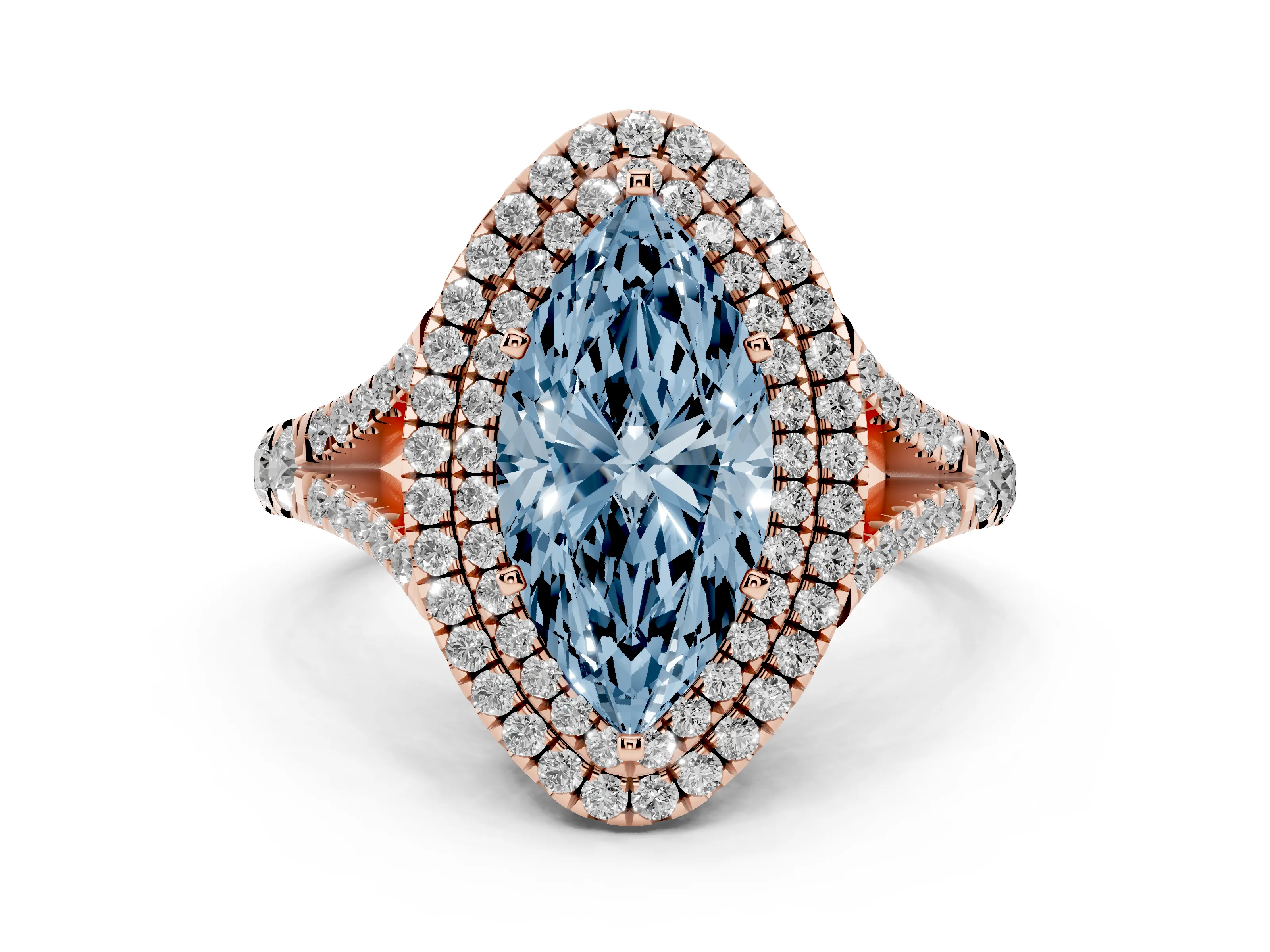 Fancy Blue Marquise Cut Diamond Pavé Split Shank Double Halo Engagement Ring Set in Rose gold