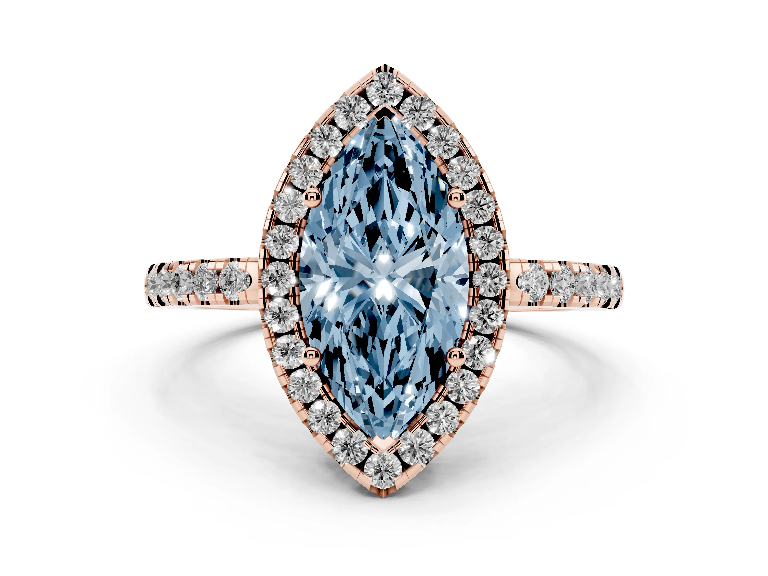 Fancy Blue Marquise Cut Diamond Pavé Band Halo Engagement Ring Set in Rose gold with Prong Setting