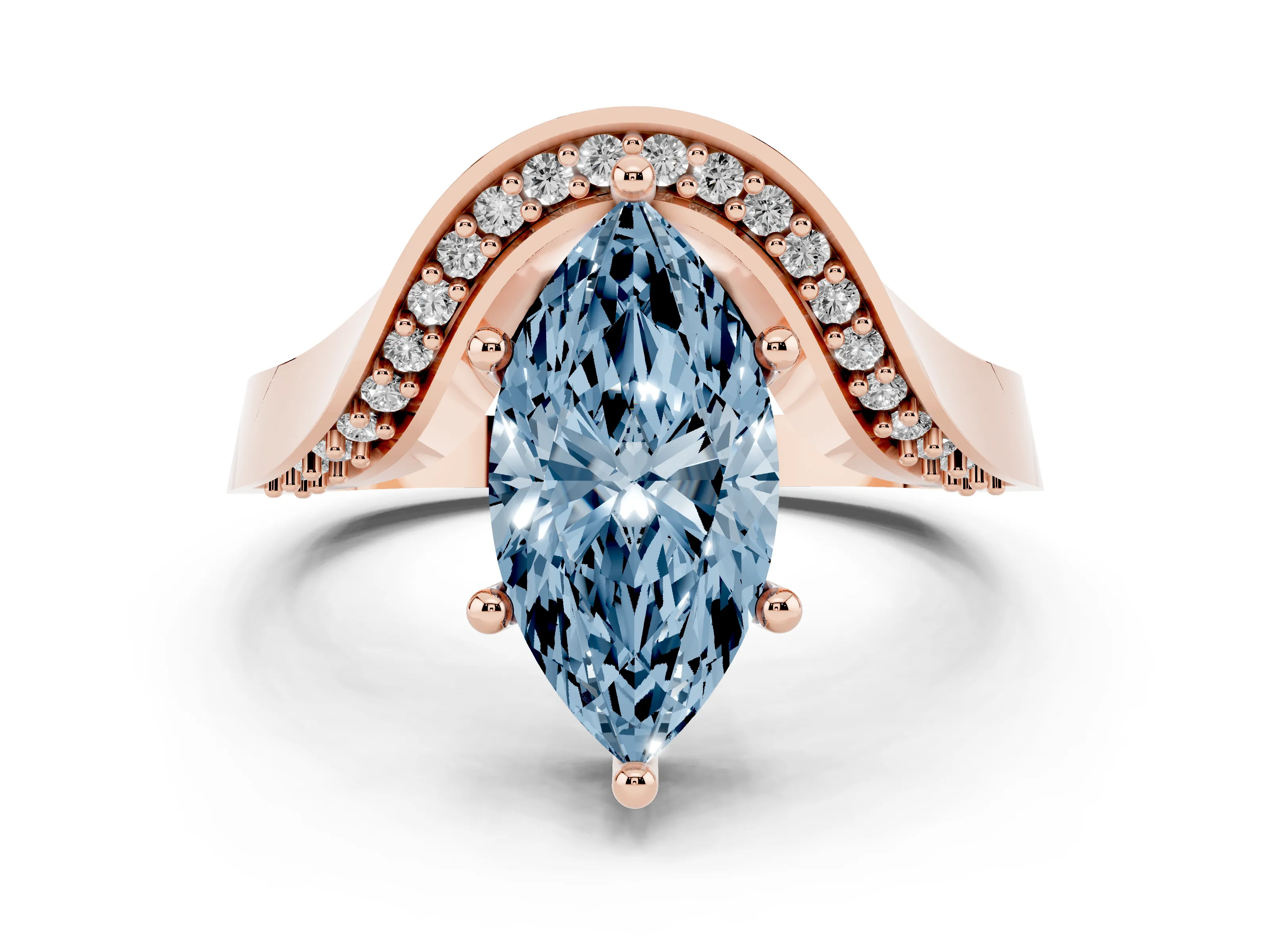 Fancy Blue Marquise Cut Diamond Solitaire Engagement Ring Set in Rose gold with Pavé Shoulders