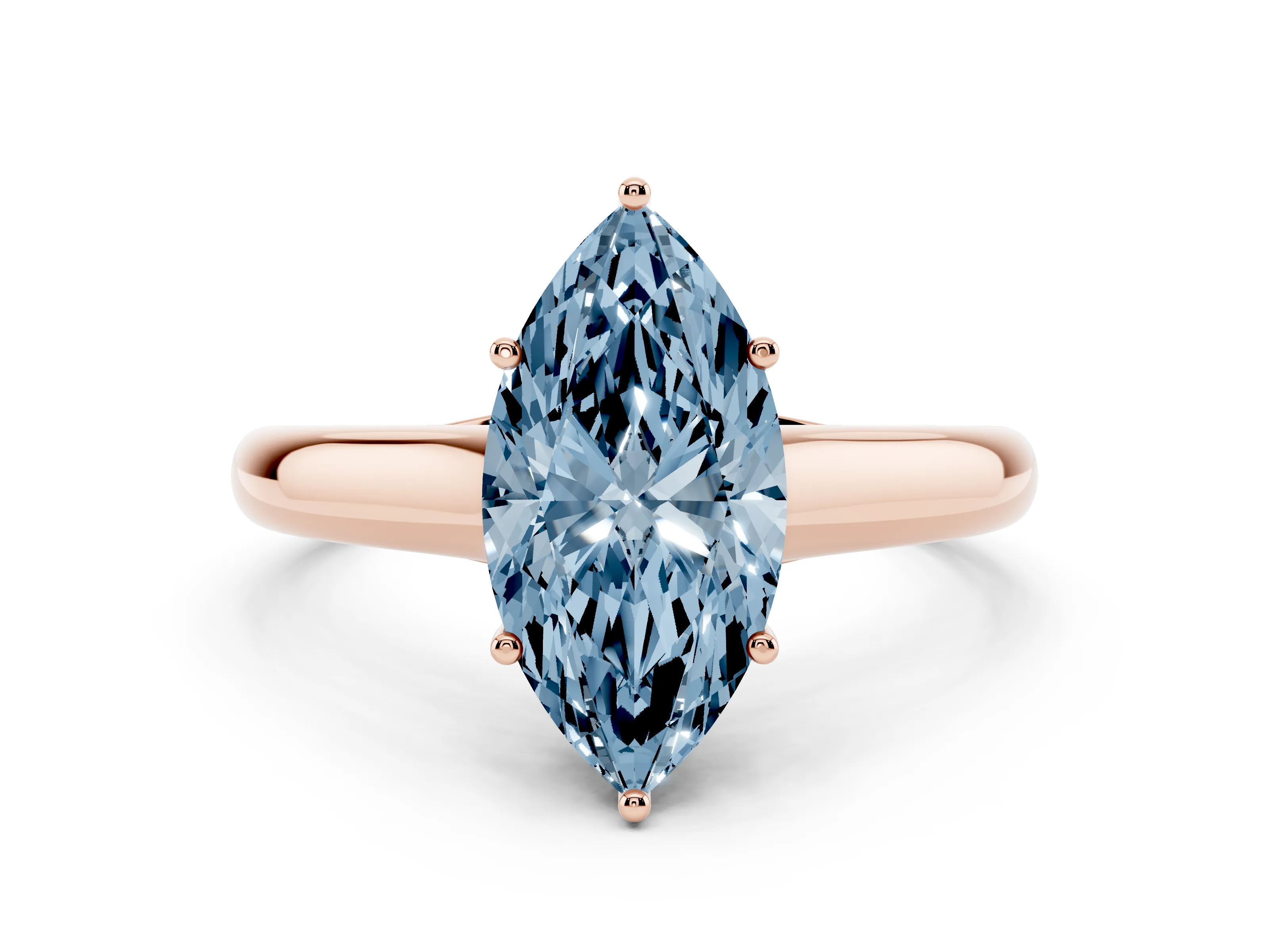 Fancy Blue Marquise Cut Diamond Solitaire Engagement Ring Set in Rose gold with Subtly Tapered Band and Prong Setting