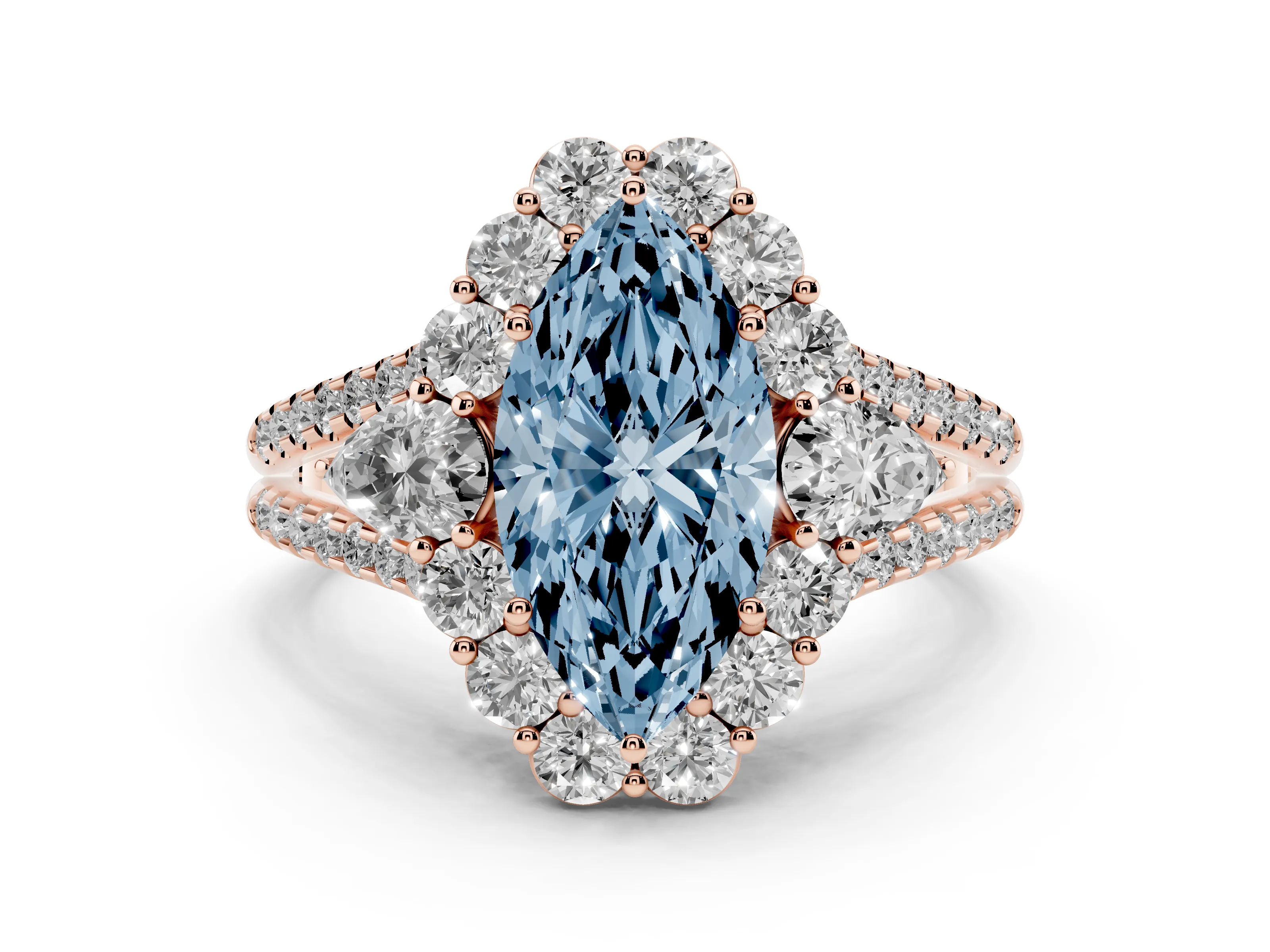 Fancy Blue Marquise Cut Diamond Halo Split Shank Engagement Ring Set in Rose gold with Prong-Held Center Stone