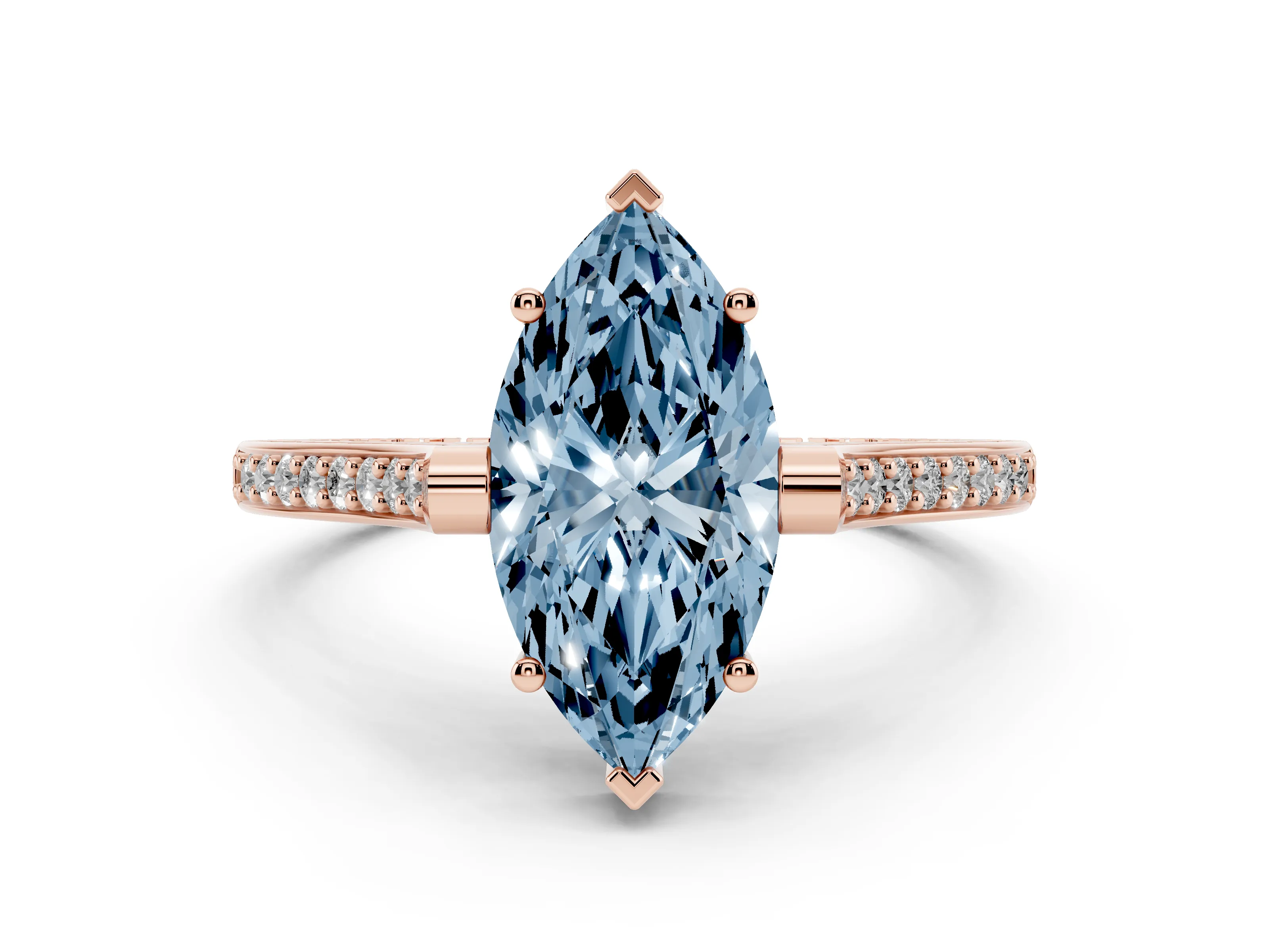 Fancy Blue Marquise Cut Diamond Solitaire Ring Set in Rose gold with Channel Set Band and Bezel Prong Setting