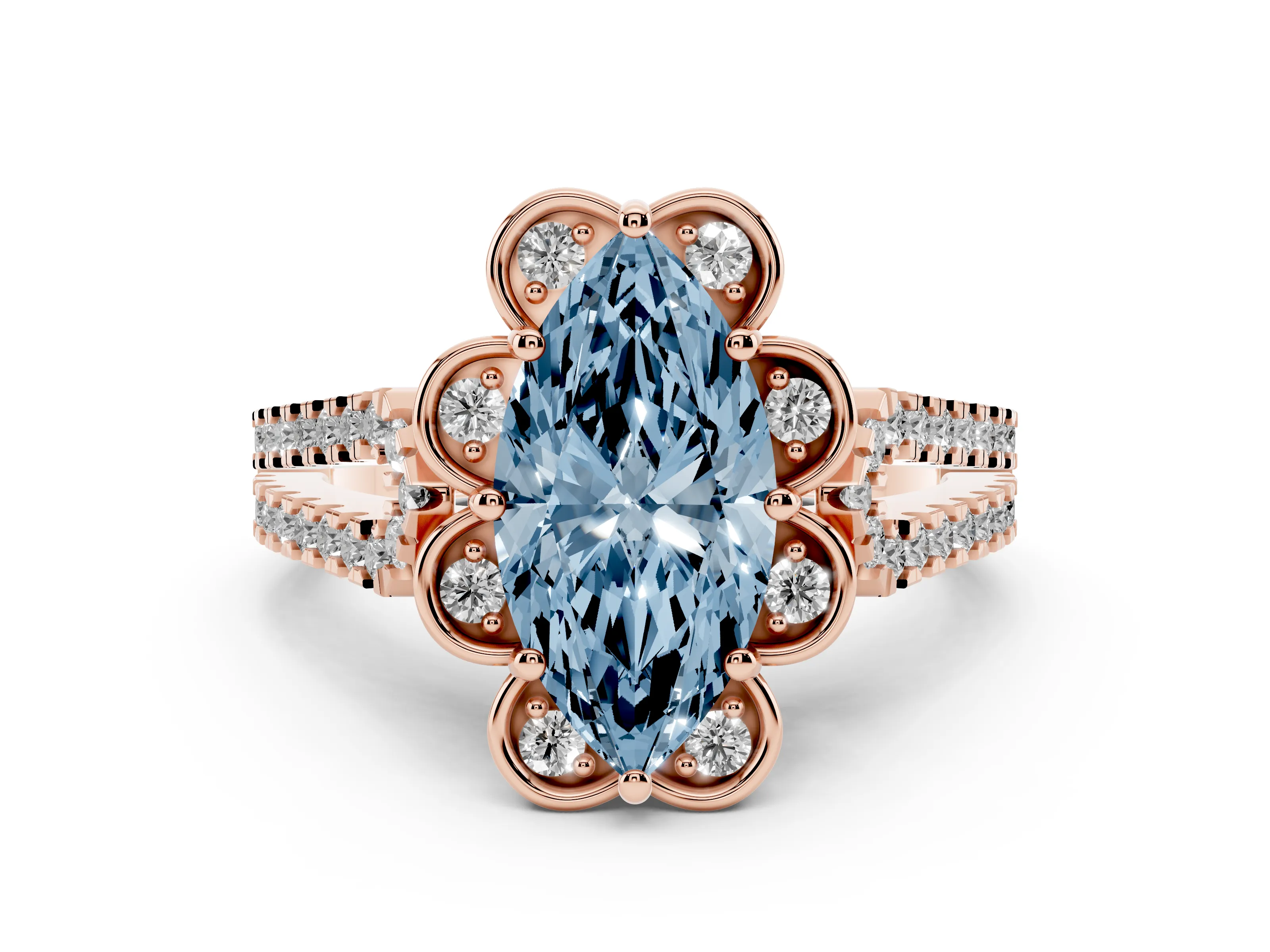 Fancy Blue Marquise Cut Diamond Floral Halo Split Shank Engagement Ring Set in Rose gold with Pavé Shank