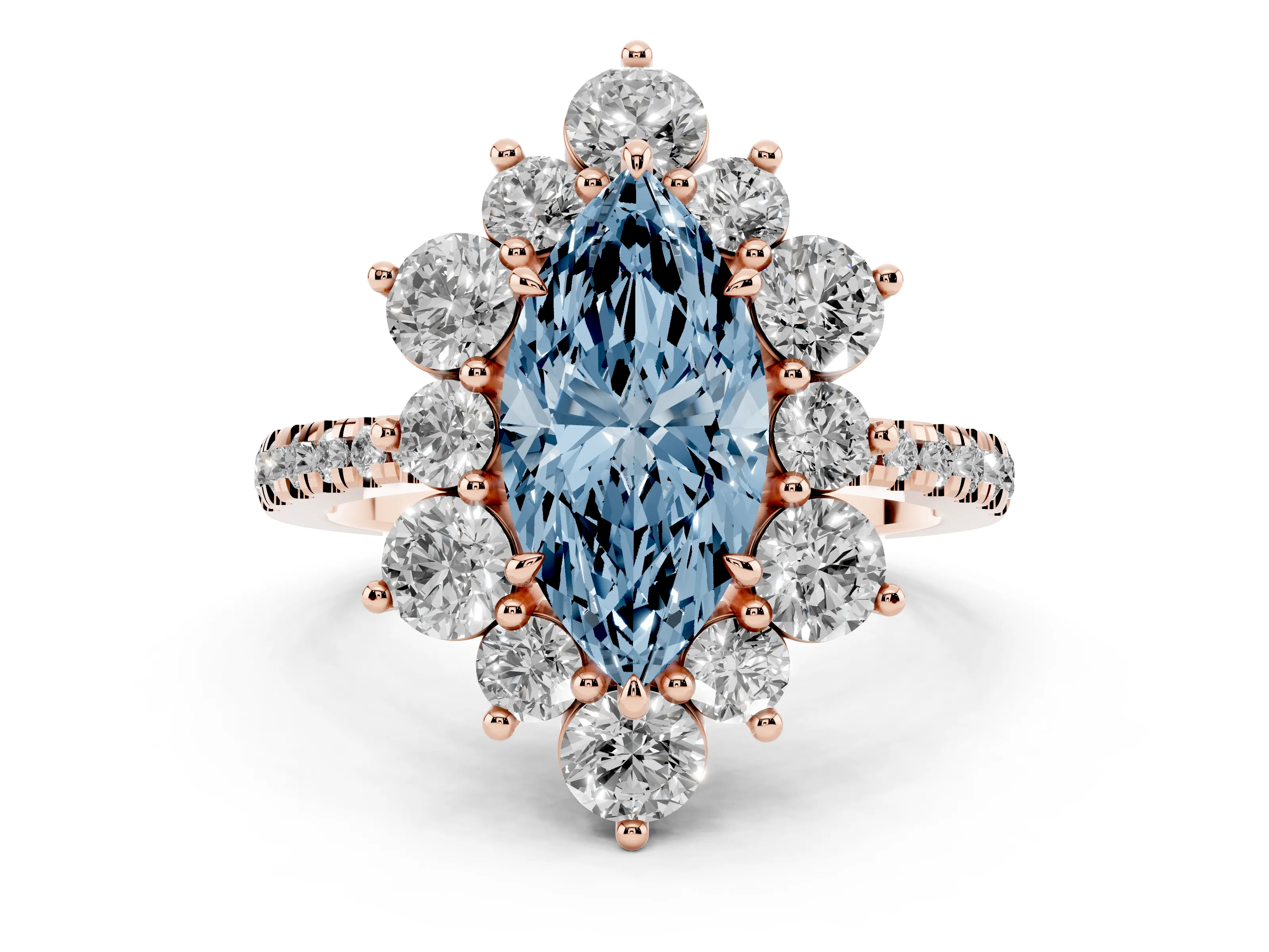 Fancy Blue Marquise Cut Diamond Floral Halo Ring Set in Rose gold with Round Pavé Band and Prong Setting