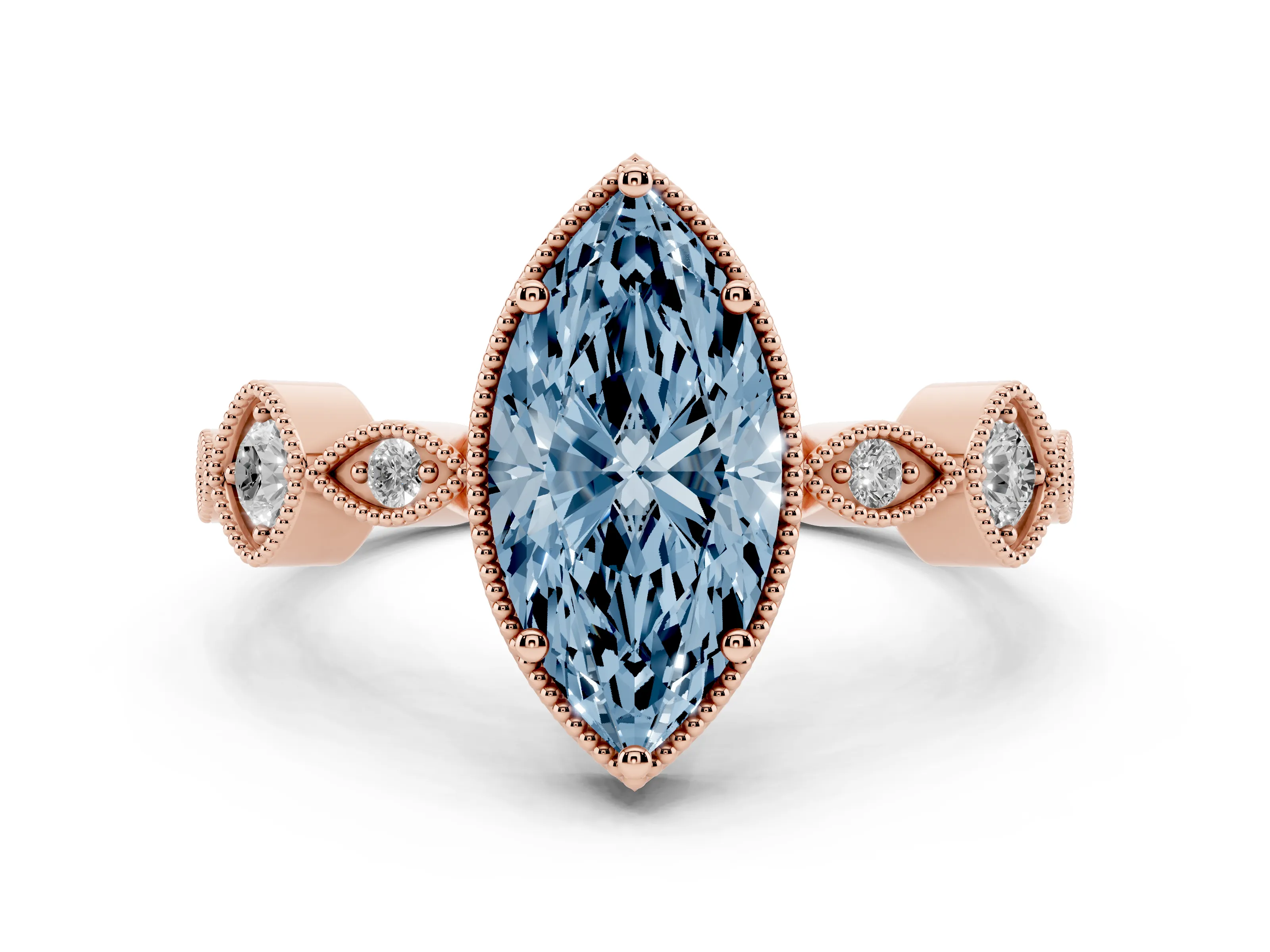 Fancy Blue Marquise Cut Diamond Vintage-Inspired Milgrain Ring Set in Rose gold with Marquise Stations of Round Accents