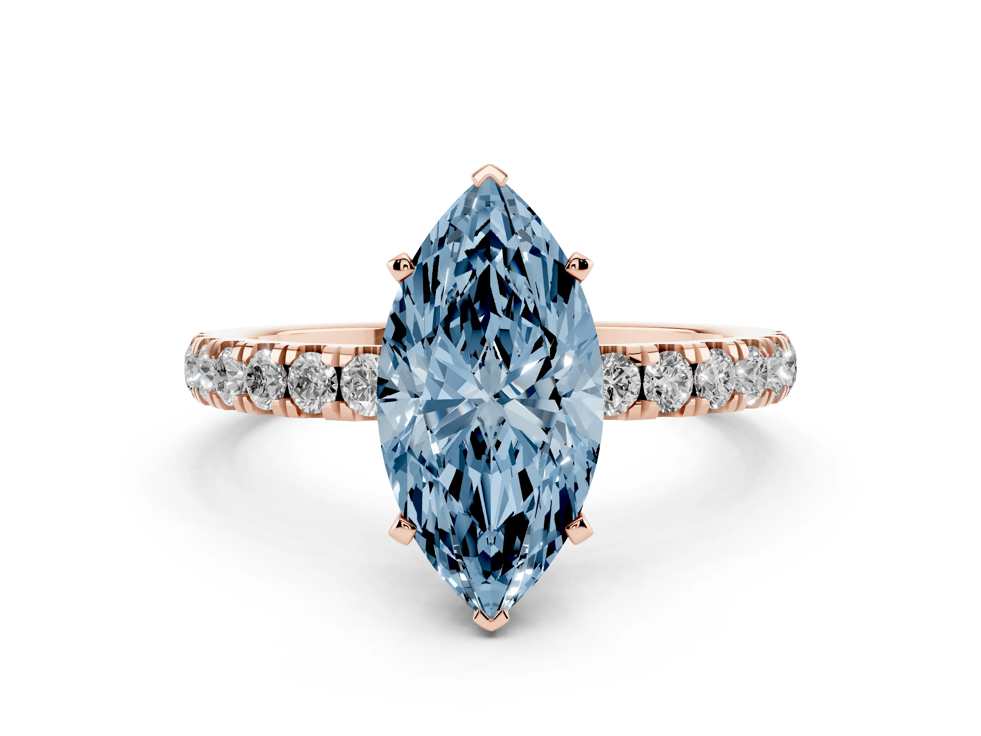 Fancy Blue Marquise Cut Diamond Solitaire Ring Set in Rose gold with Pavé Accents and Prong Setting