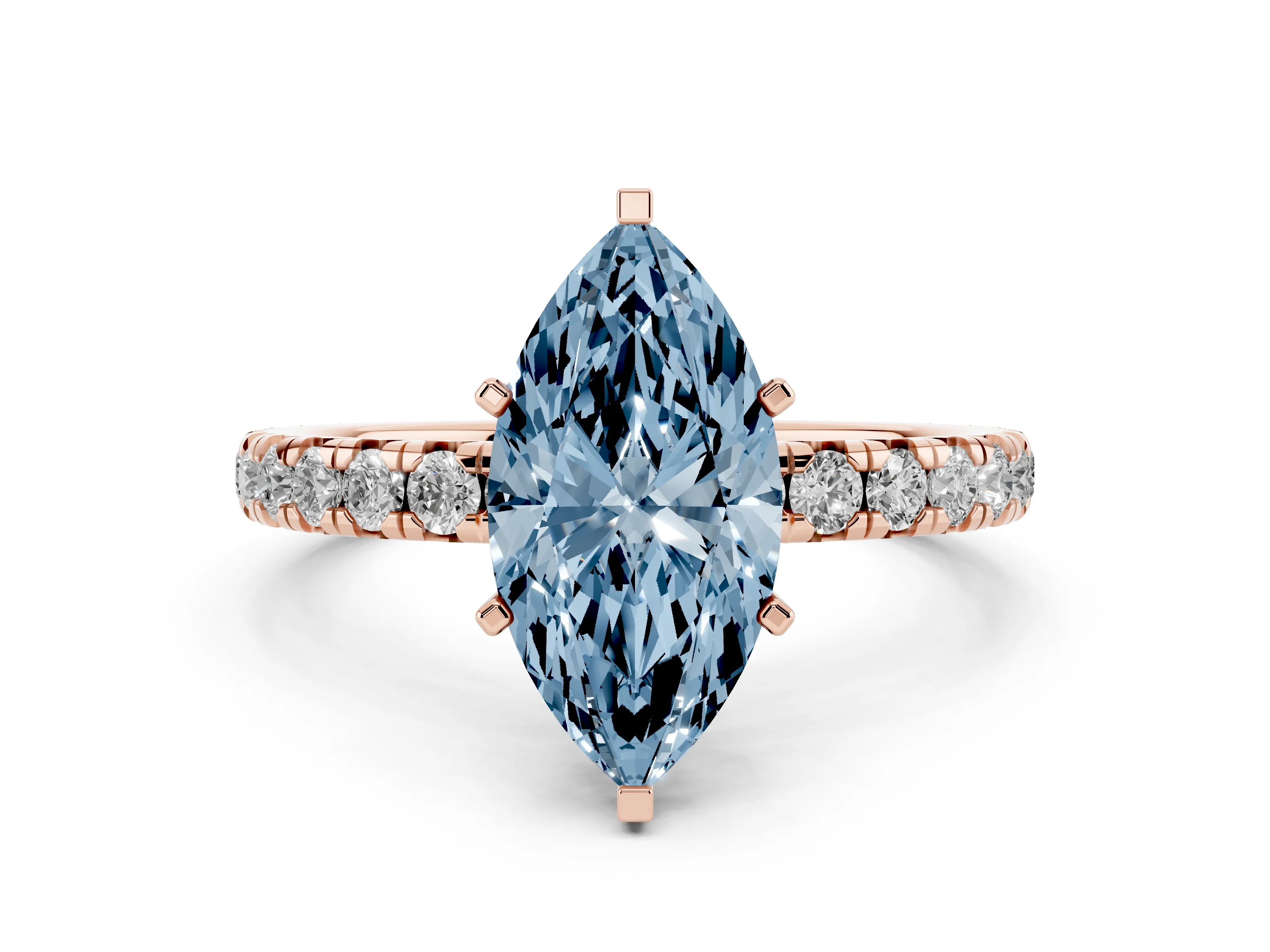 Fancy Blue Marquise Cut Diamond Pavé Solitaire Ring Set in Rose gold with Round Band and Prong Setting