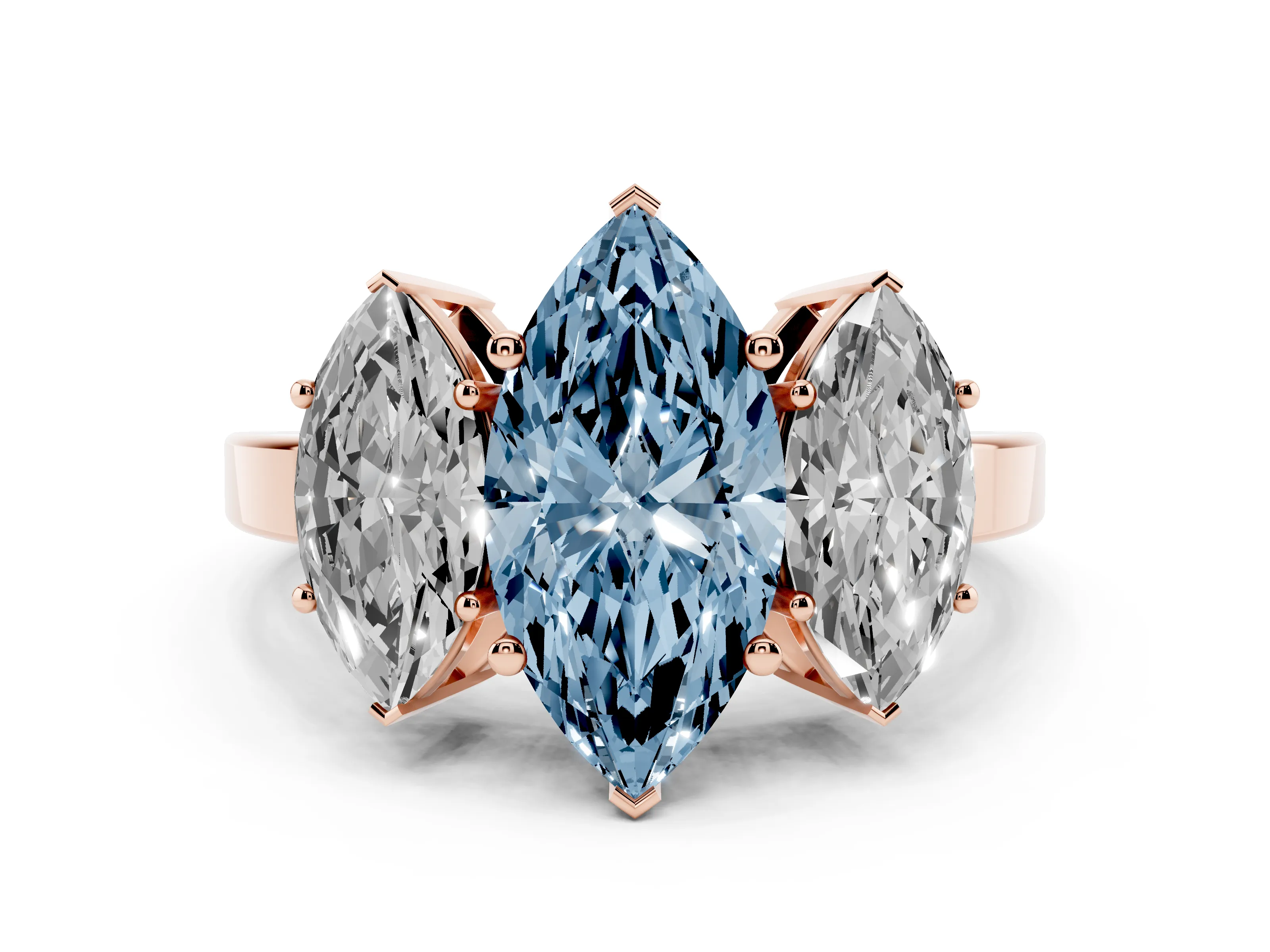 Fancy Blue Marquise Cut Diamond Three-Stone Engagement Ring Set in Rose gold with Flat Band