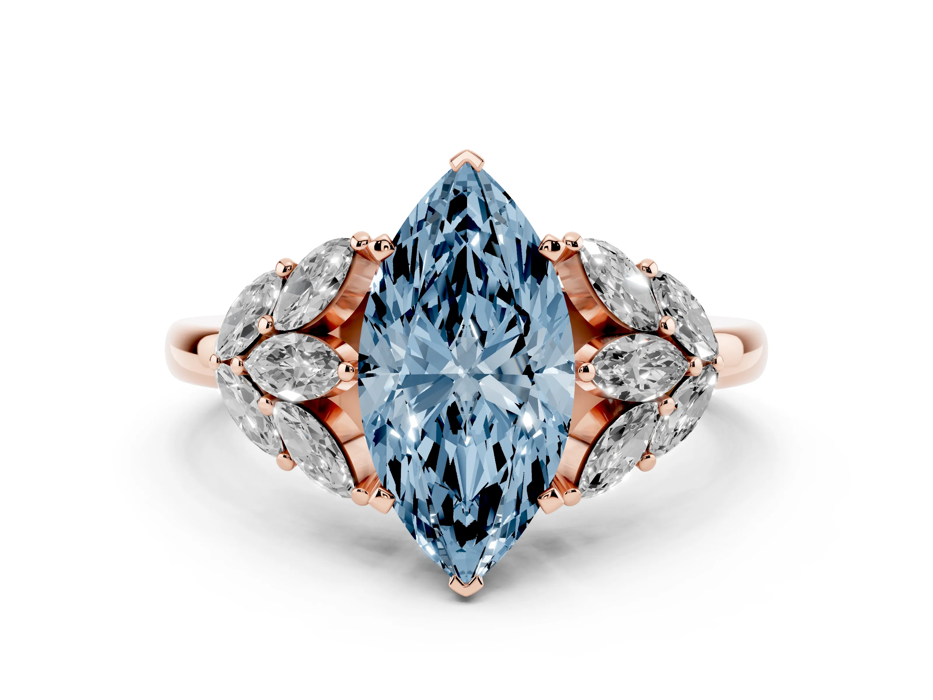 Fancy Blue Marquise Cut Diamond Cluster Leaf Design Ring Set in Rose gold with Prong Setting