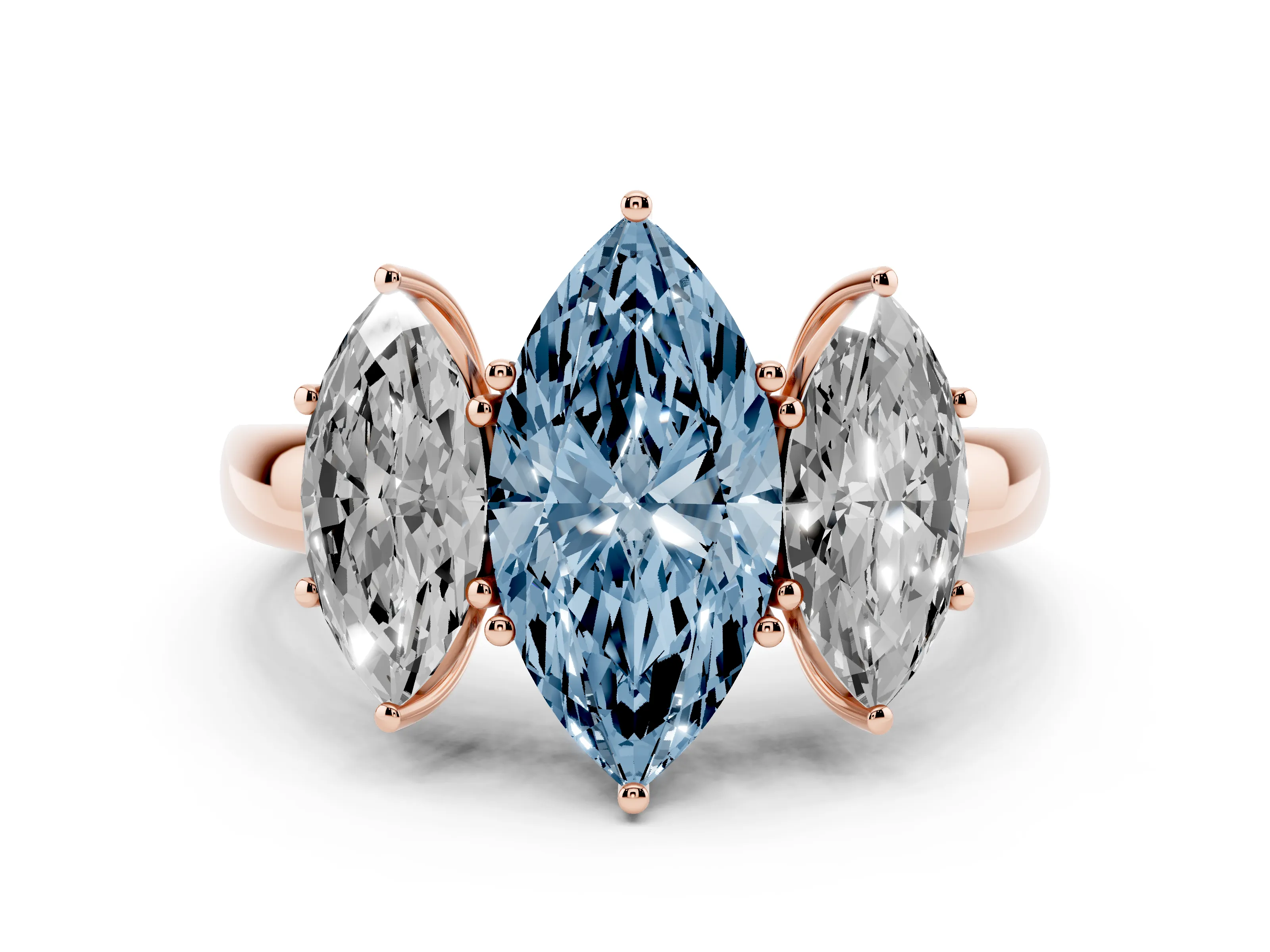 Fancy Blue Marquise Cut Diamond Three-Stone Ring Set in Rose gold with Bold Center and Classic Band