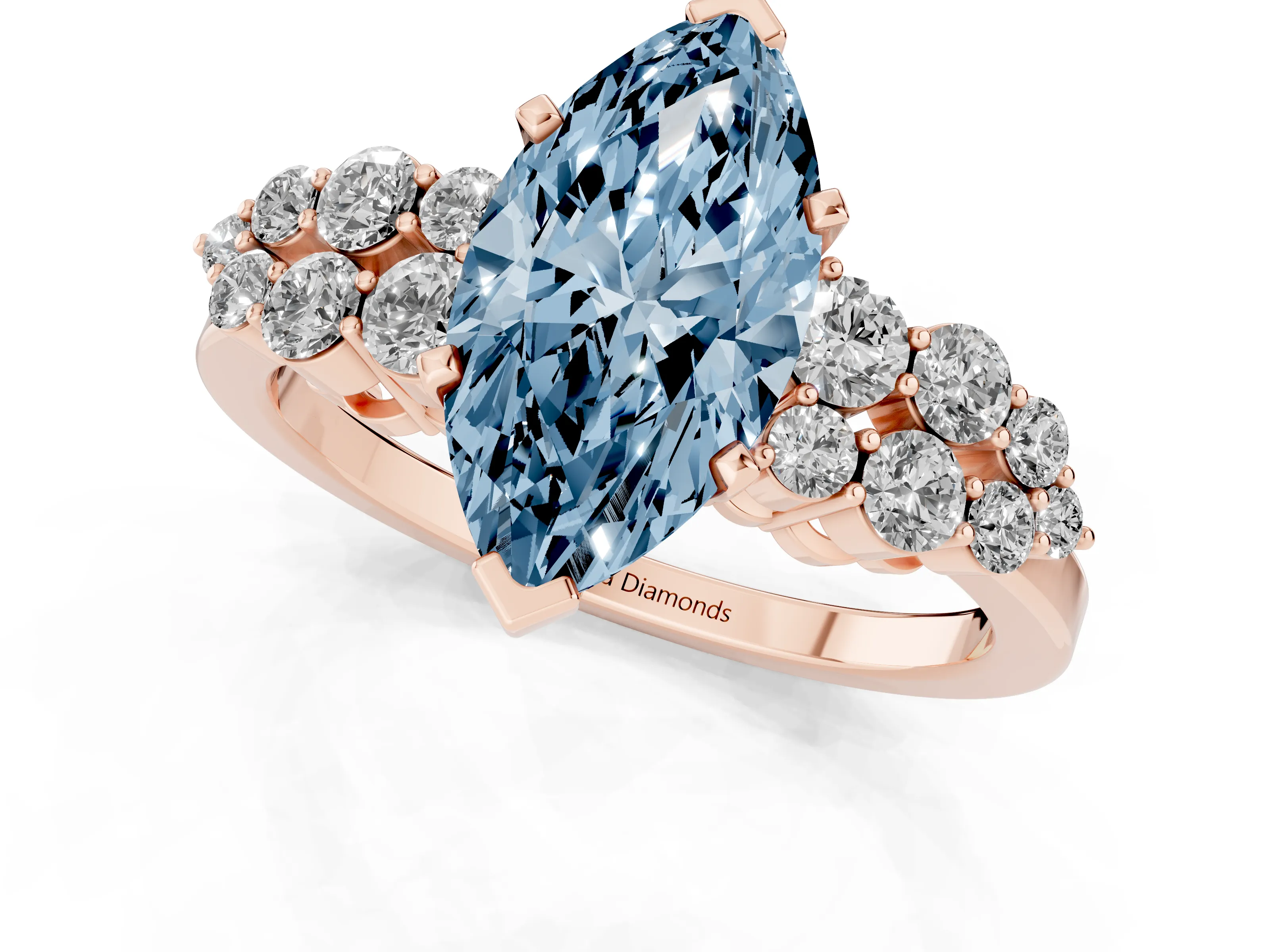 Fancy Blue Marquise Cut Diamond Cluster Engagement Ring Set in Rose gold with Pavé Band and Prong Setting