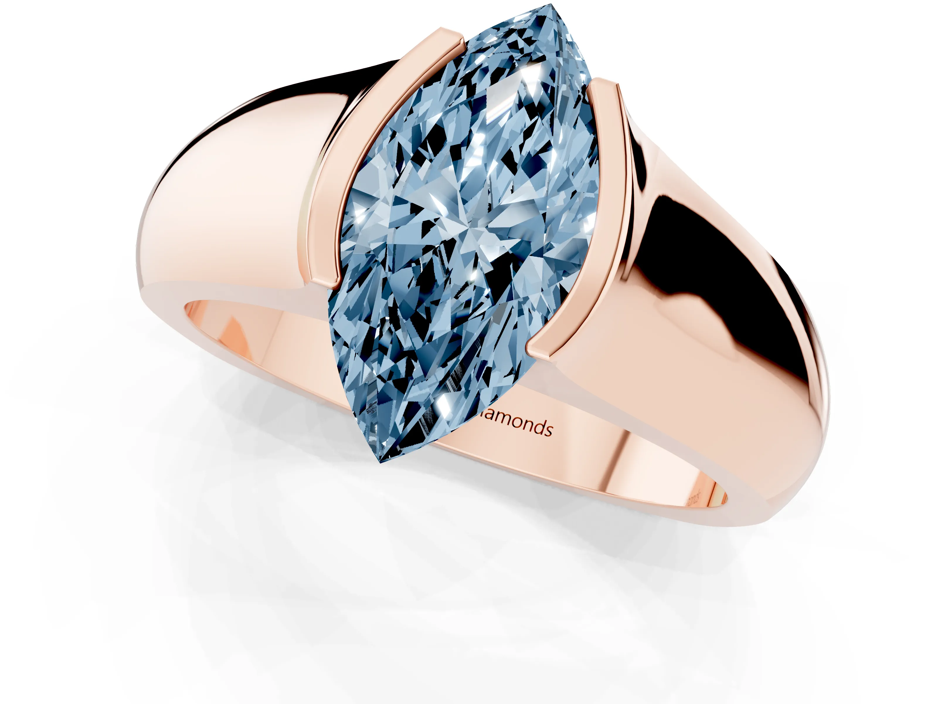 Fancy Blue Marquise Cut Diamond Bezel Solitaire Ring Set in Rose gold with Wide Band
