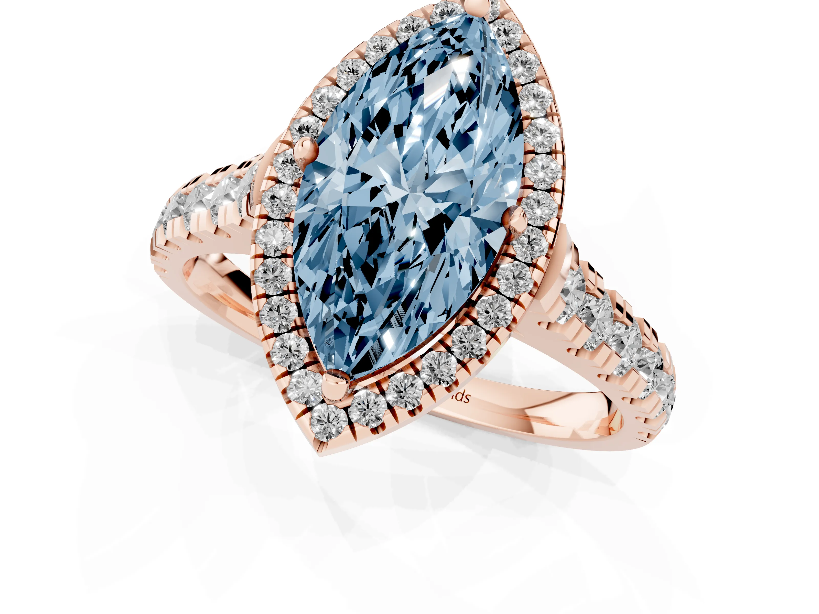 Fancy Blue Marquise Cut Diamond Halo Engagement Ring Set in Rose gold with Pavé Band and Prong-Set Center