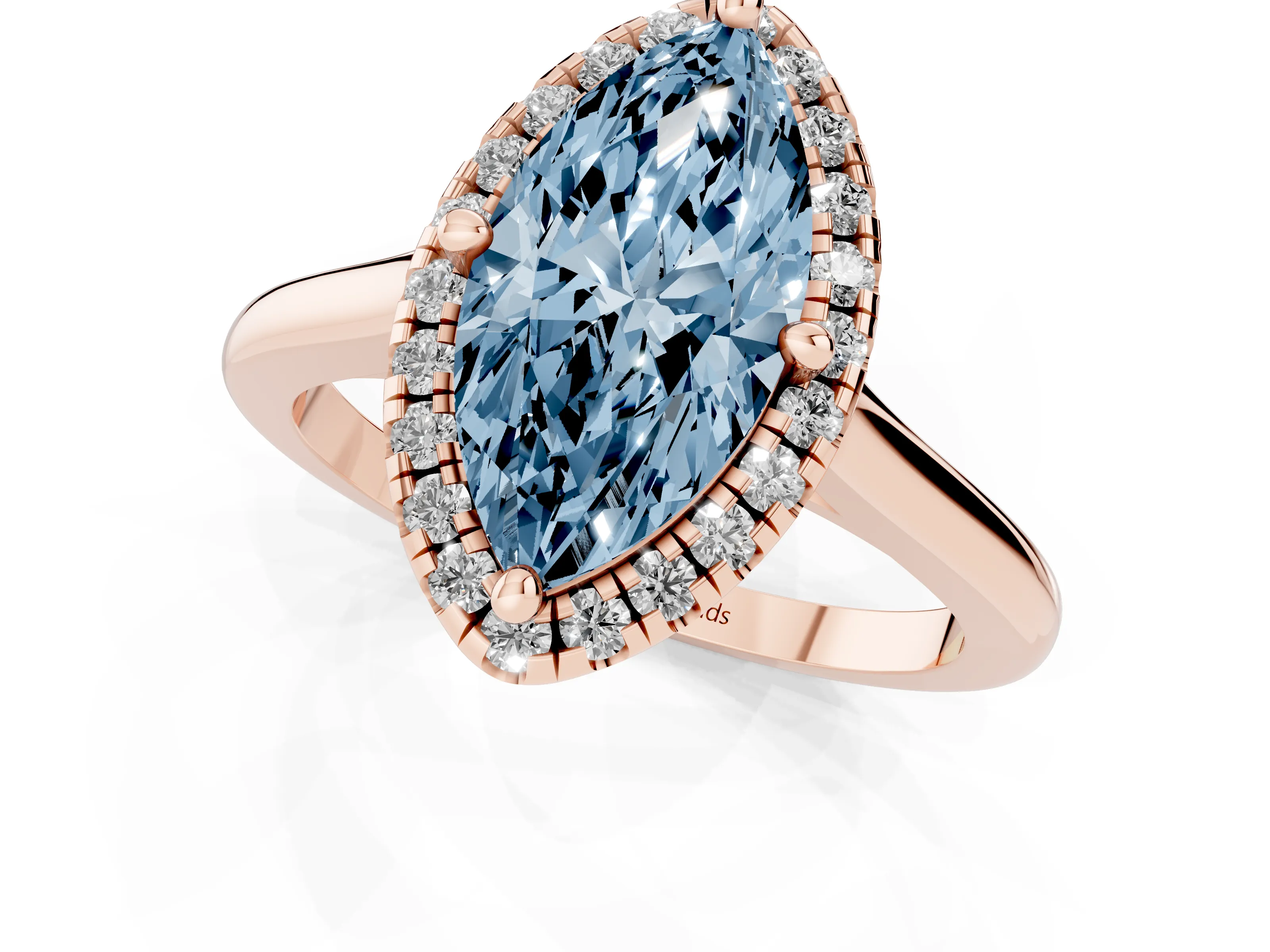 Fancy Blue Marquise Cut Diamond Halo Engagement Ring Set in Rose gold with Pavé Band and Rising Shoulders