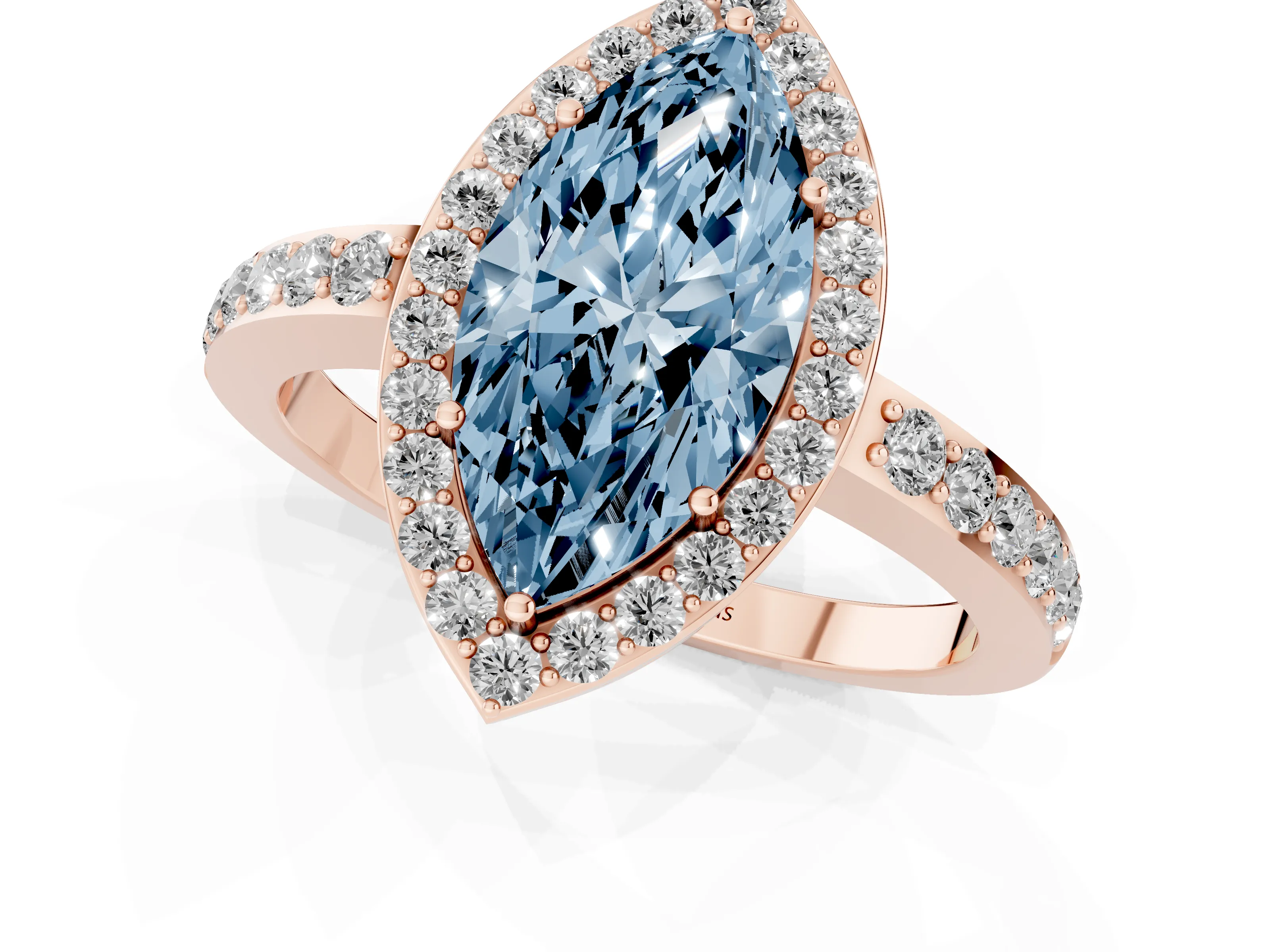 Fancy Blue Marquise Cut Diamond Halo Ring Set in Rose gold with Pavé-Setting Band and Open Prong Center