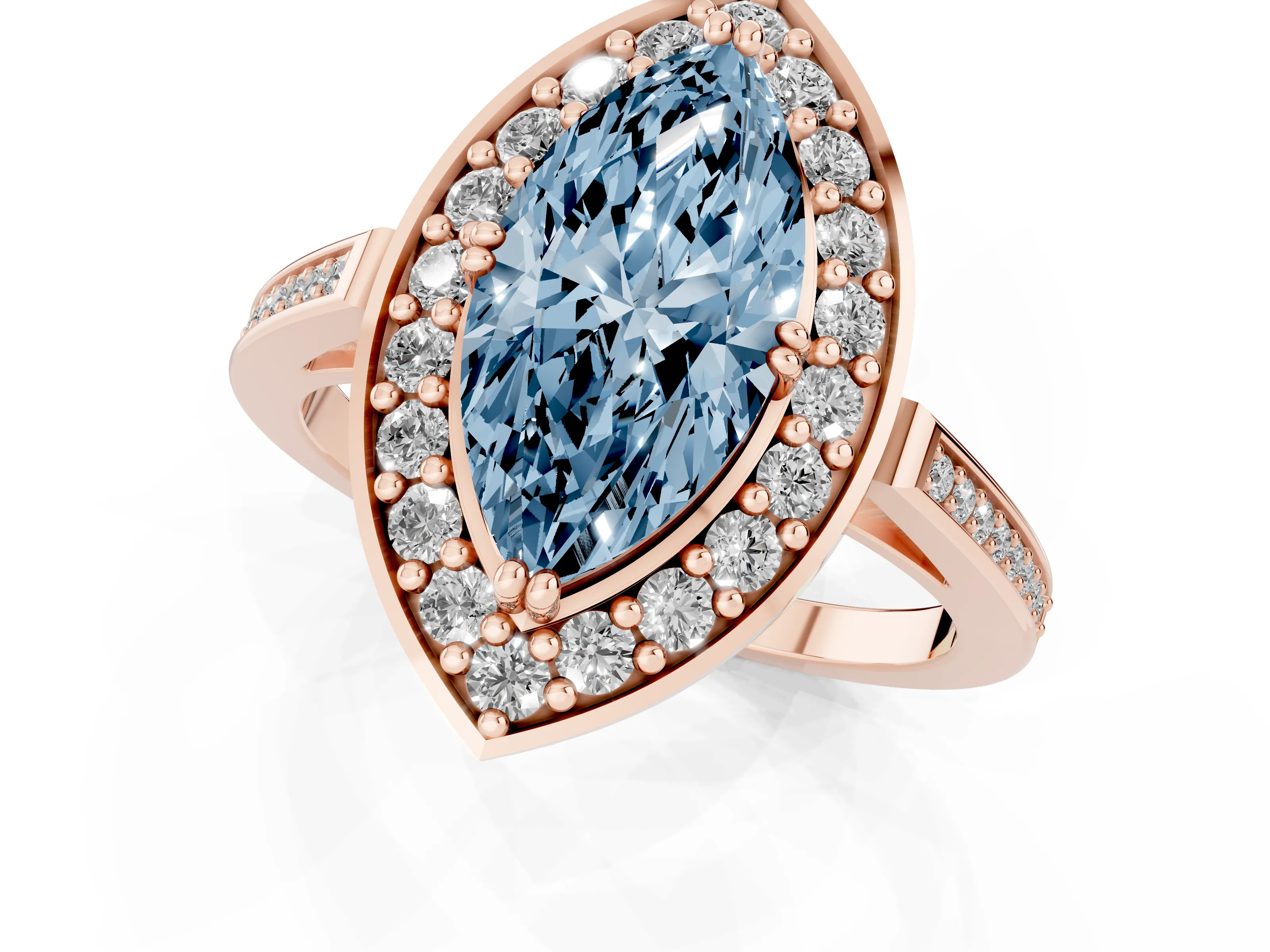 Fancy Blue Marquise Cut Diamond Halo Ring Set in Rose gold with Accent-Lined Split Shank and Prong Setting