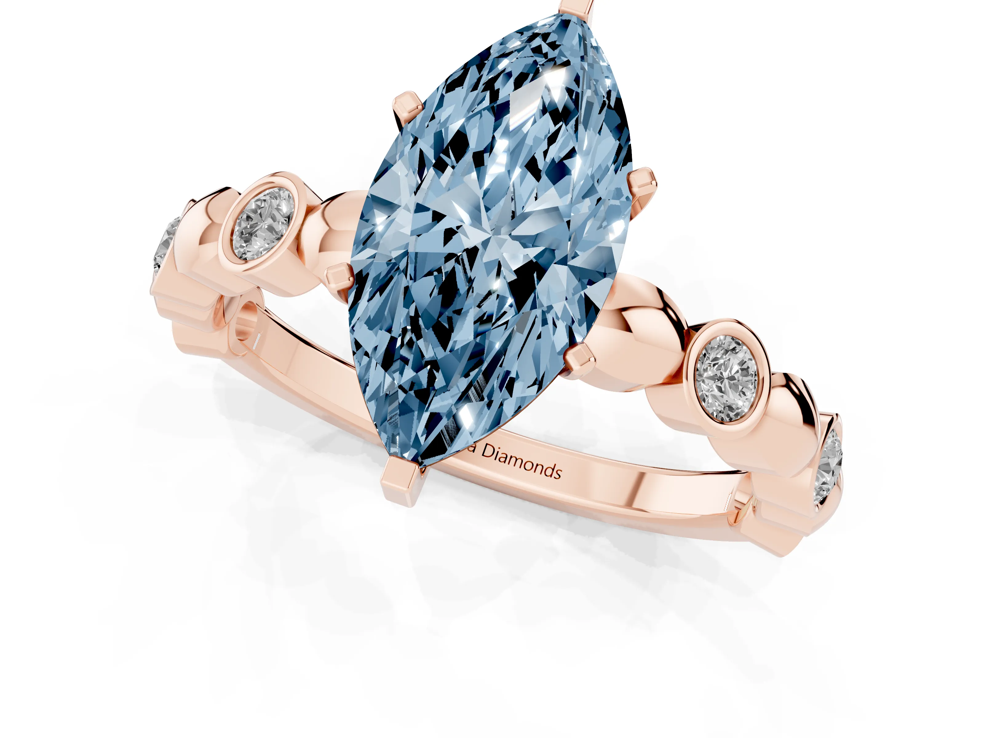 Fancy Blue Marquise Cut Diamond Solitaire Ring Set in Rose gold with Bezel-Set Accents on Beaded Band and Prong Setting