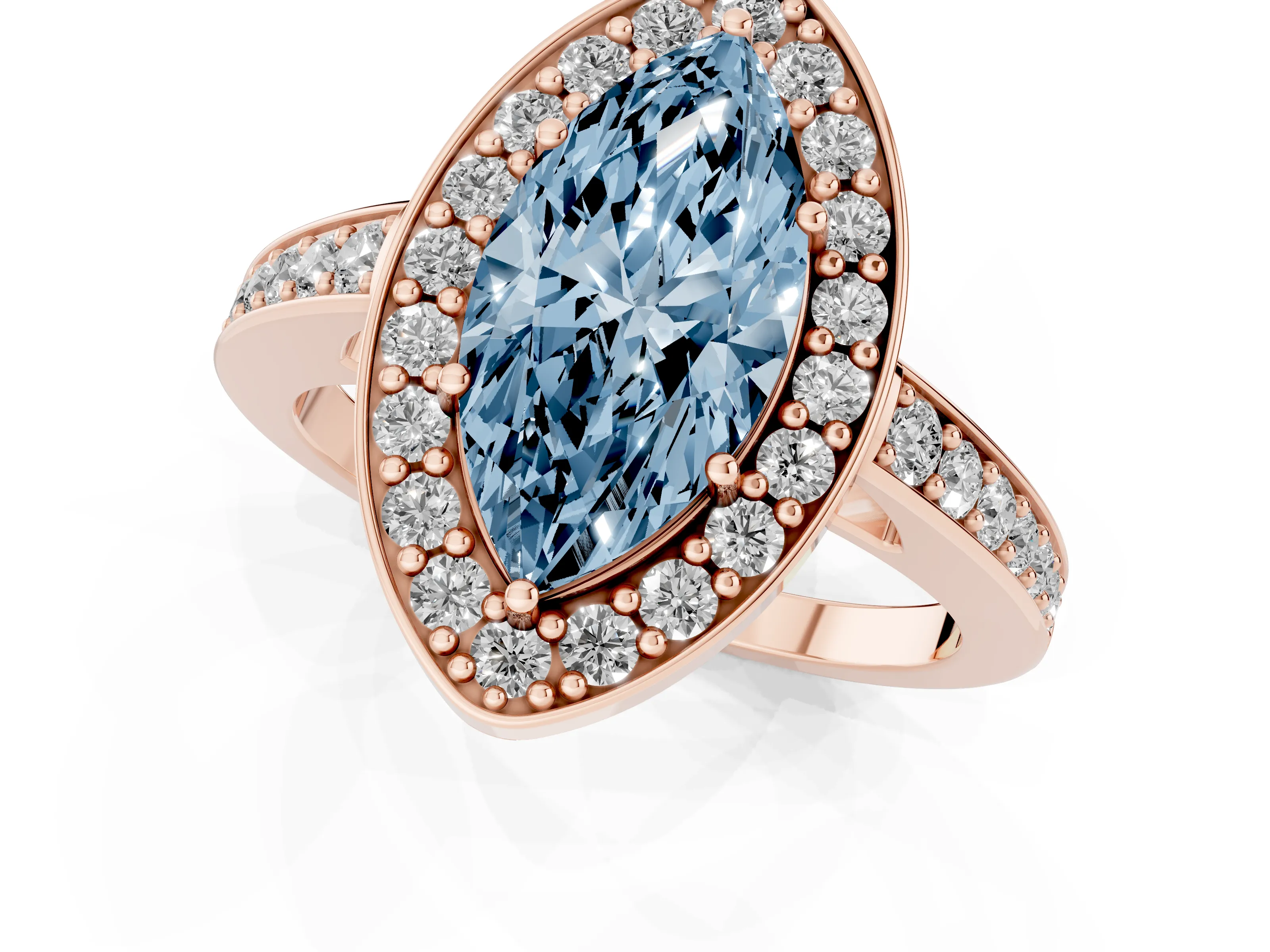 Fancy Blue Marquise Cut Diamond Halo Pavé Engagement Ring Set in Rose gold with Bezel Setting