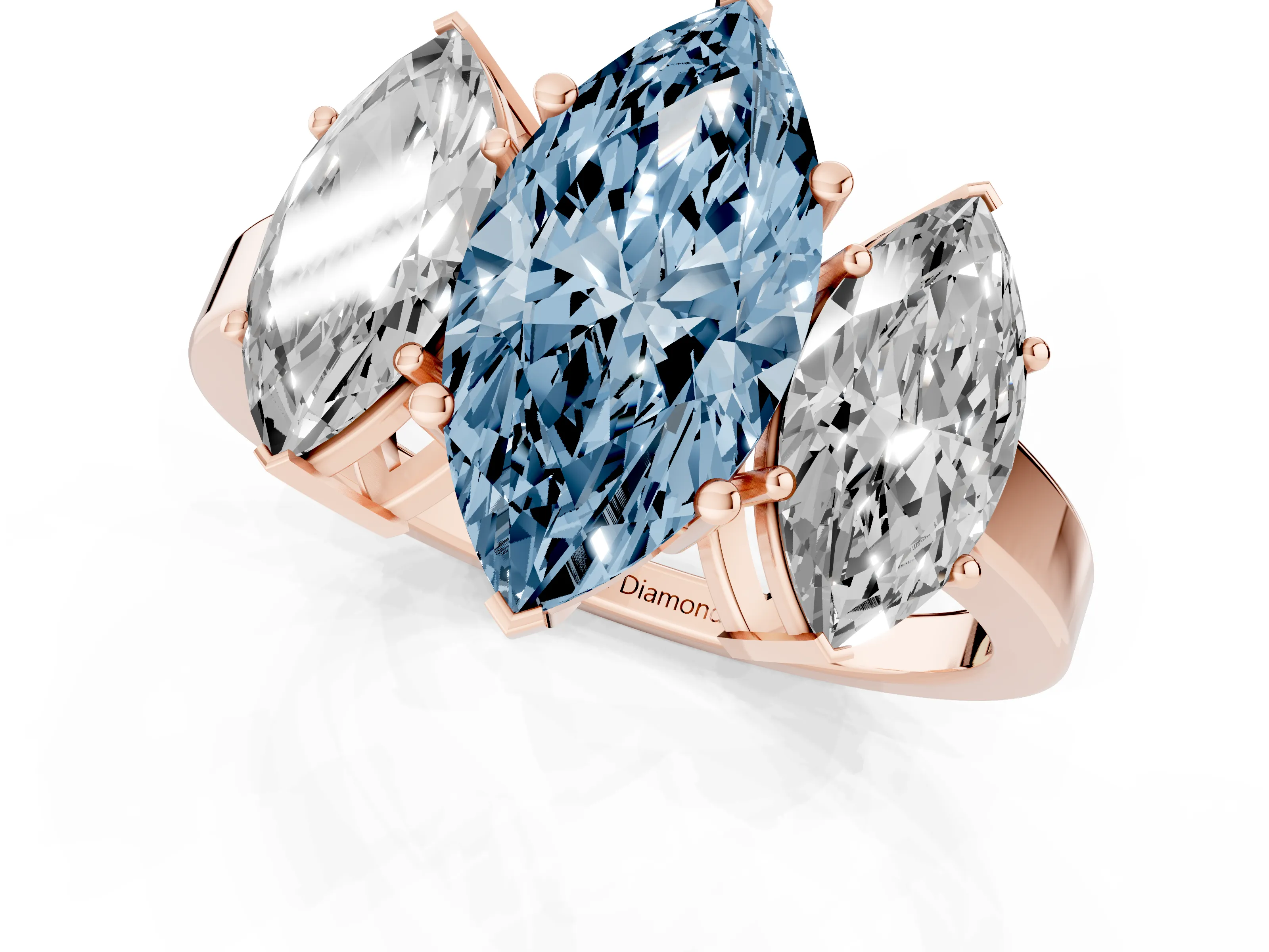 Fancy Blue Marquise Cut Diamond Three-Stone Engagement Ring Set in Rose gold with Flat Band