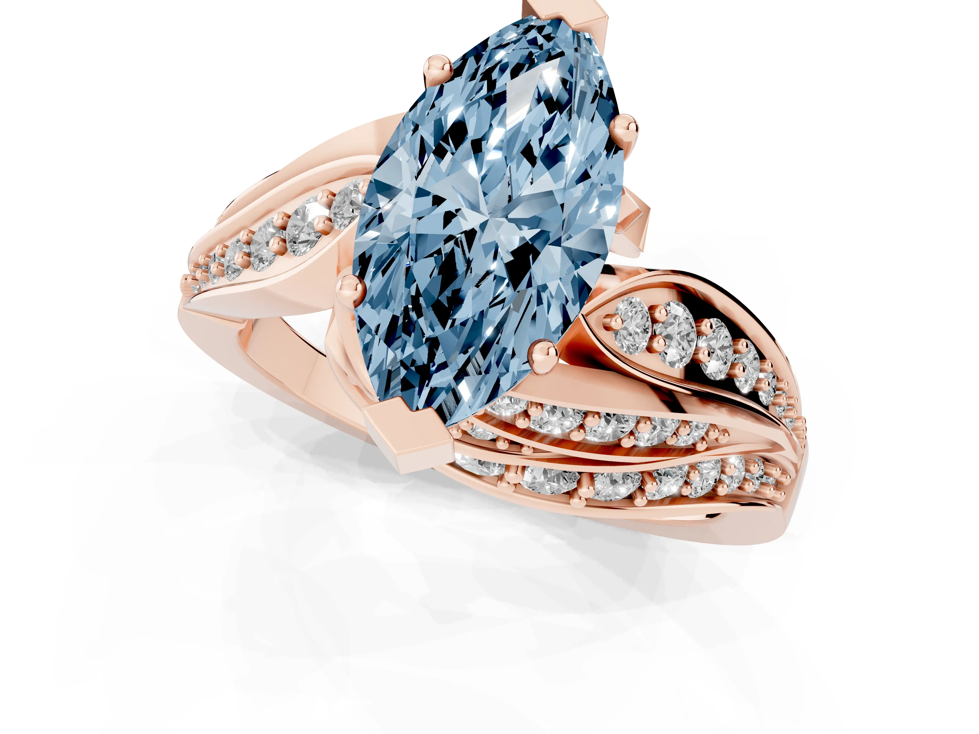 Fancy Blue Marquise Cut Diamond Solitaire Ring Set in Rose gold with Layered Twist Pavé Band