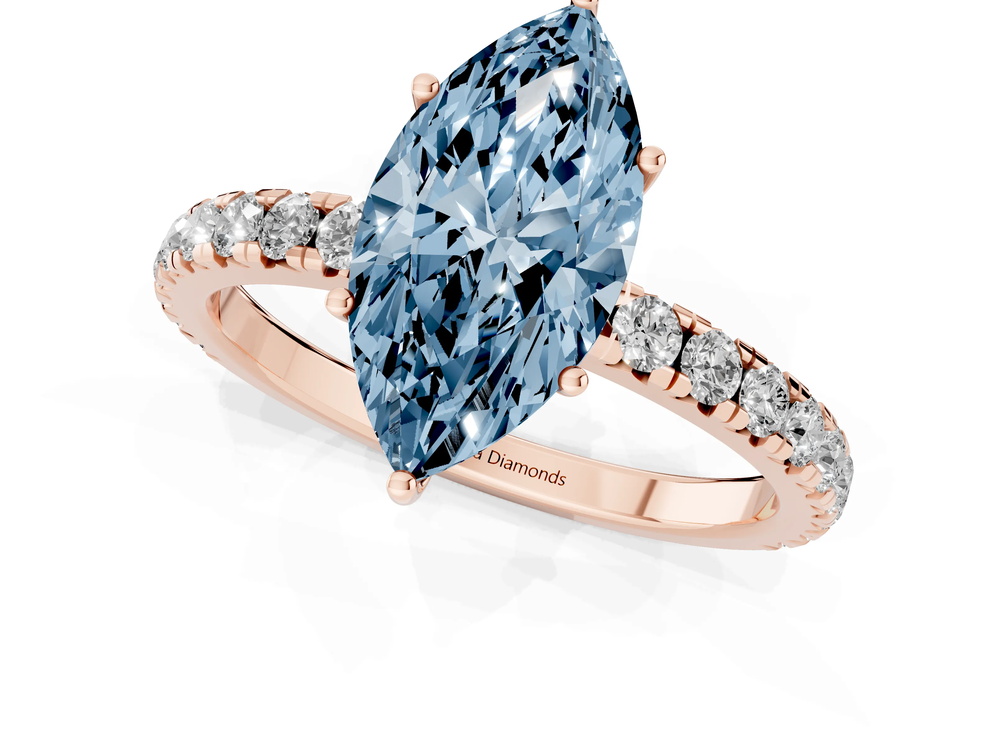 Fancy Blue Marquise Cut Diamond Pavé Solitaire Engagement Ring Set in Rose gold with Prong Setting