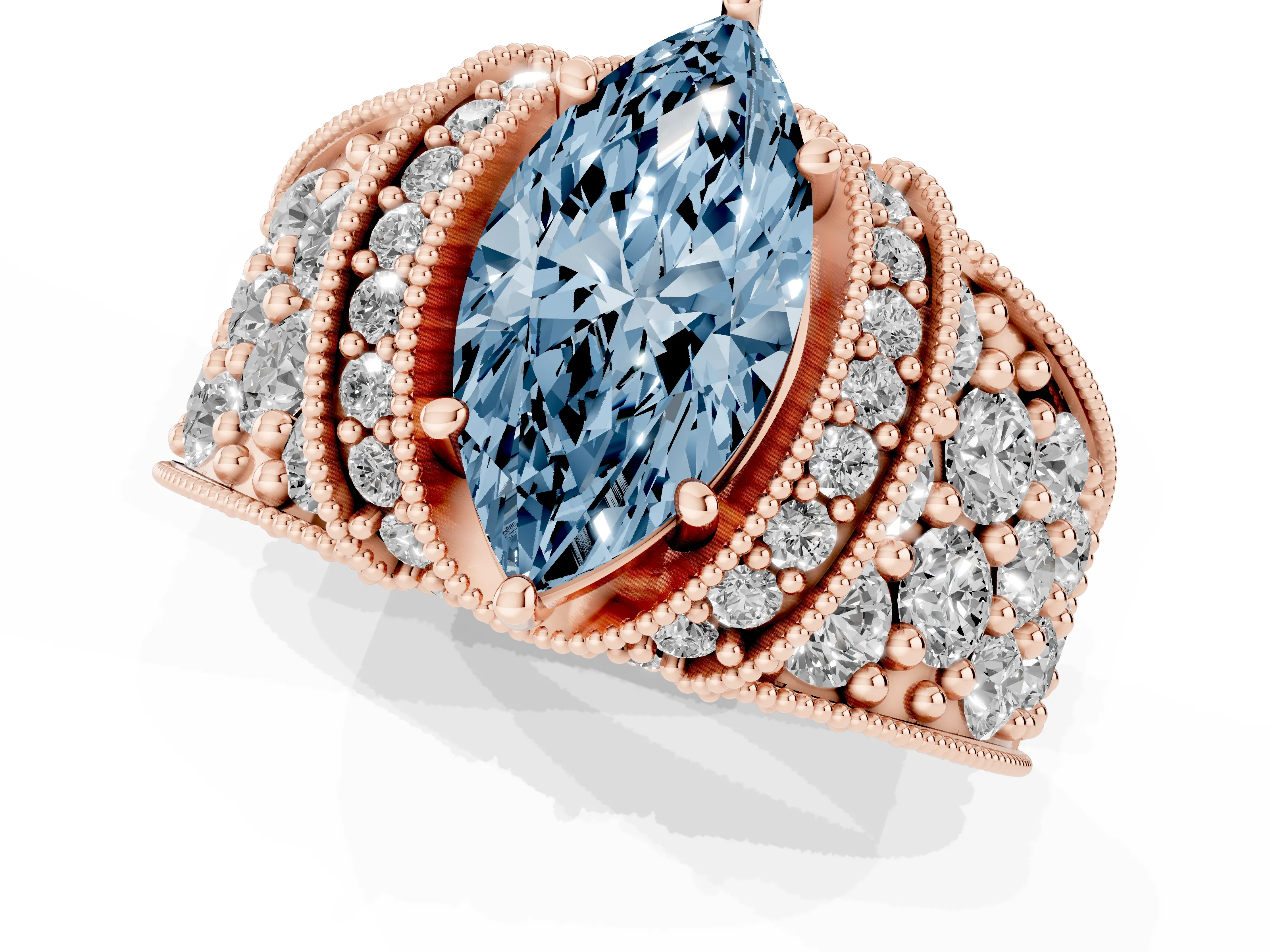 Fancy Blue Marquise Cut Diamond Milgrain Halo Pavé Engagement Ring Set in Rose gold with Prong Setting