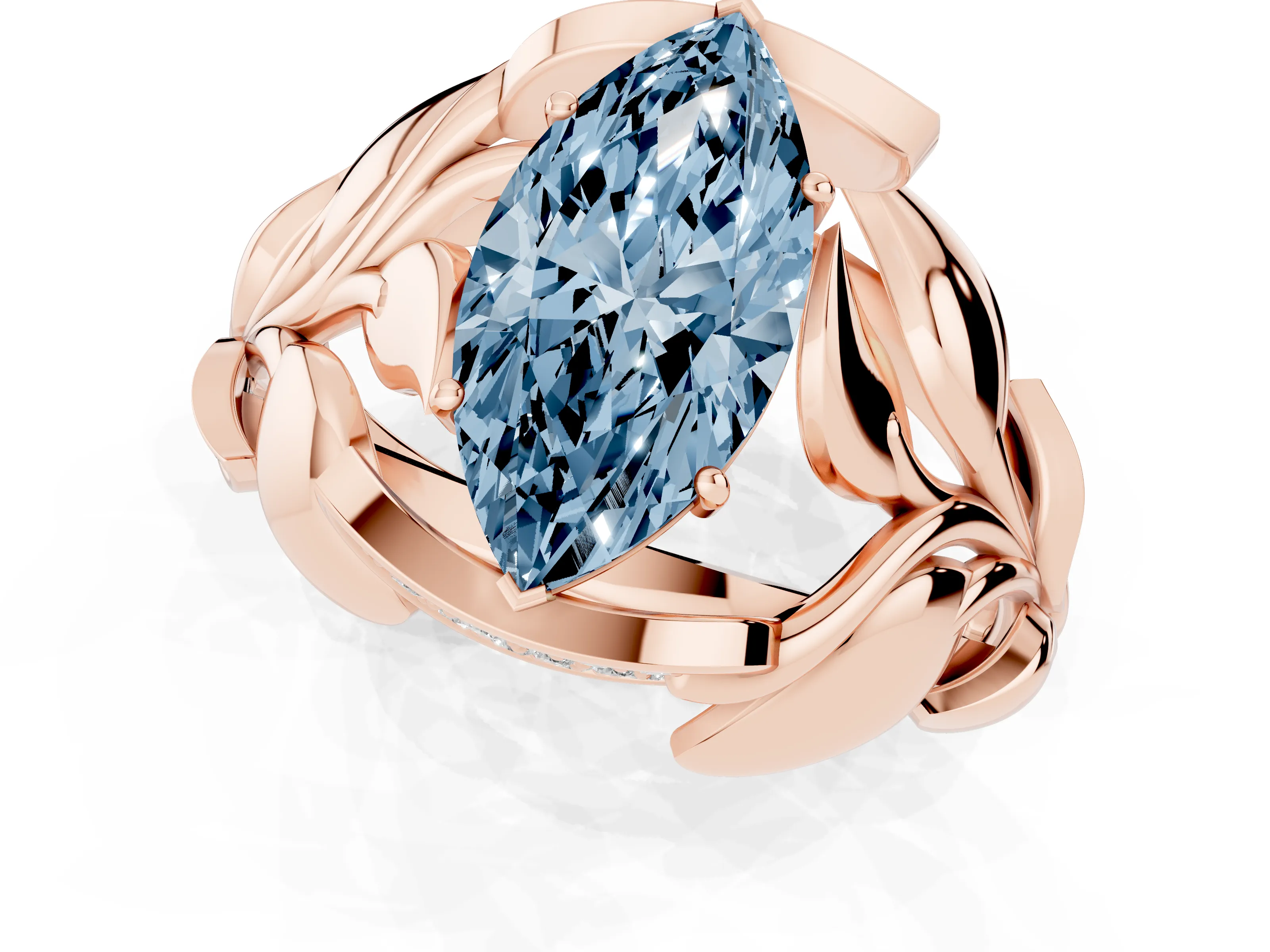Fancy Blue Marquise Cut Diamond Leaf-Inspired Engagement Ring Set in Rose gold with Round Accents