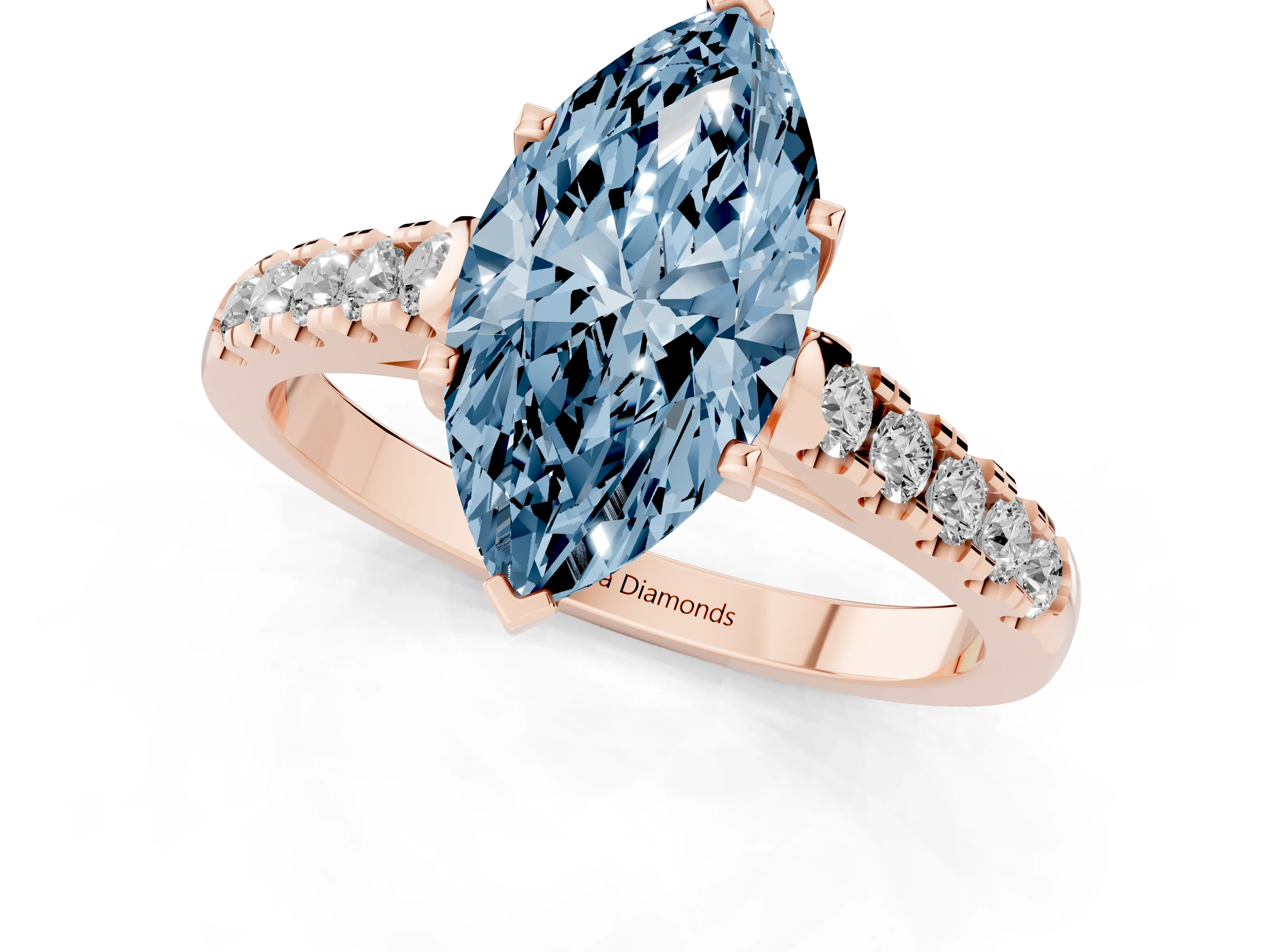 Fancy Blue Marquise Cut Diamond Pavé Band Solitaire Ring Set in Rose gold with Partway Accent Stones and Prong Setting