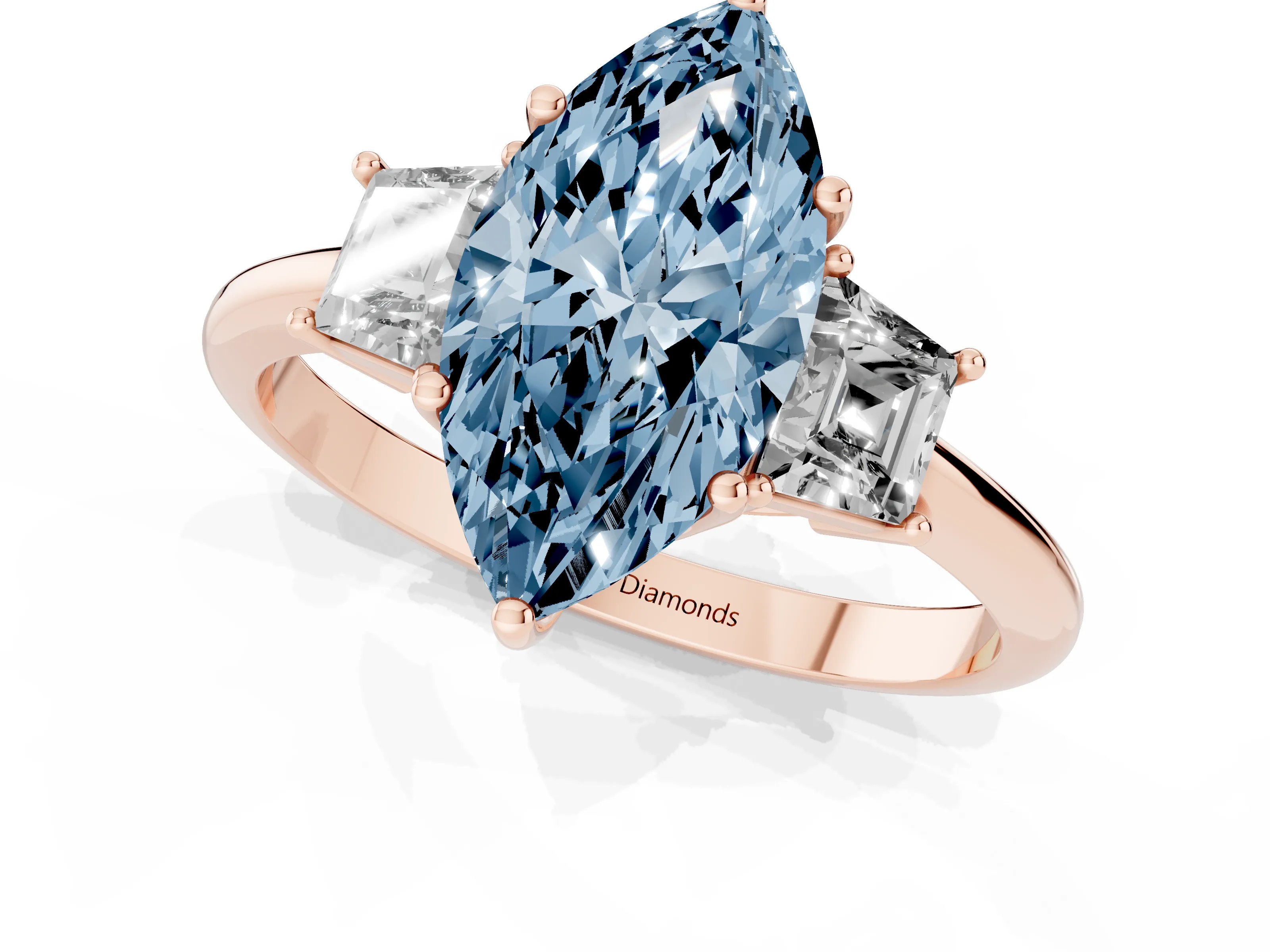 Fancy Blue Marquise Cut Diamond Three-Stone Ring Set in Rose gold with Trapezoid Side Stones and Prong Setting