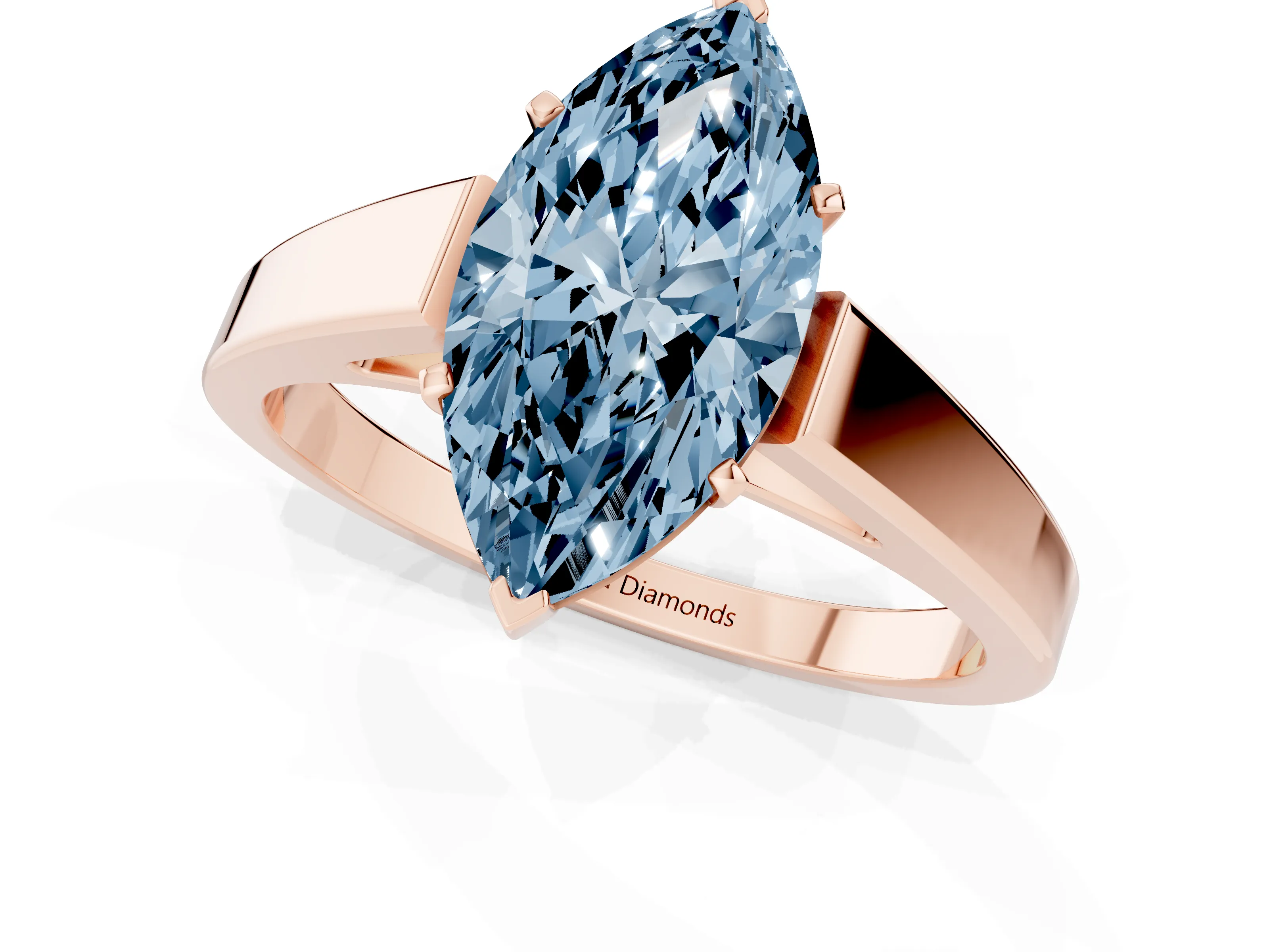 Fancy Blue Marquise Cut Diamond Solitaire Engagement Ring Set in Rose gold with Prong Setting and Tapered Band