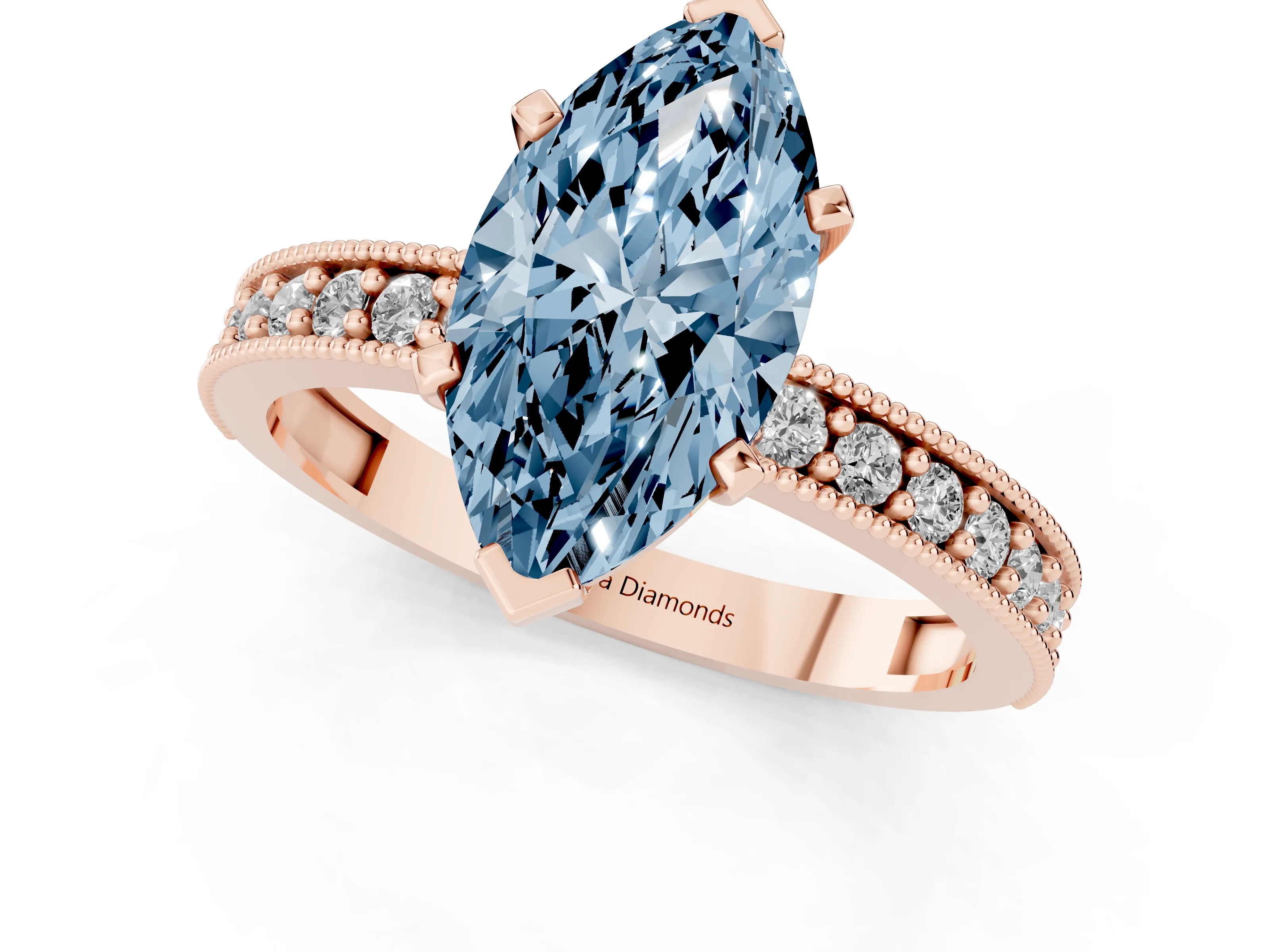 Fancy Blue Marquise Cut Diamond Milgrain Pavé Engagement Ring Set in Rose gold with Prong Setting