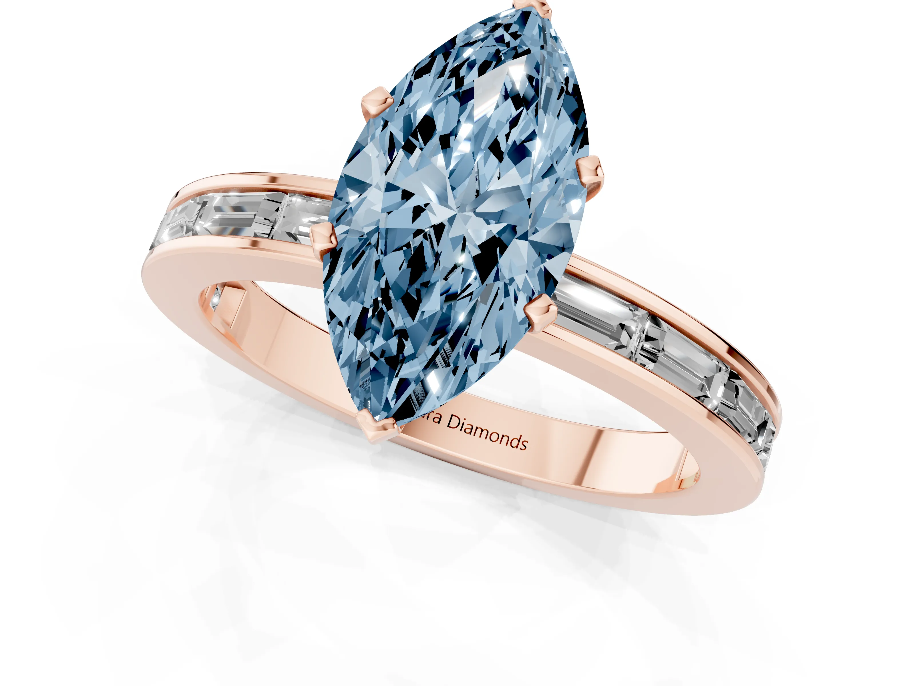 Fancy Blue Marquise Cut Diamond Solitaire Ring Set in Rose gold with Channel-Set Baguette Band and Prong Setting
