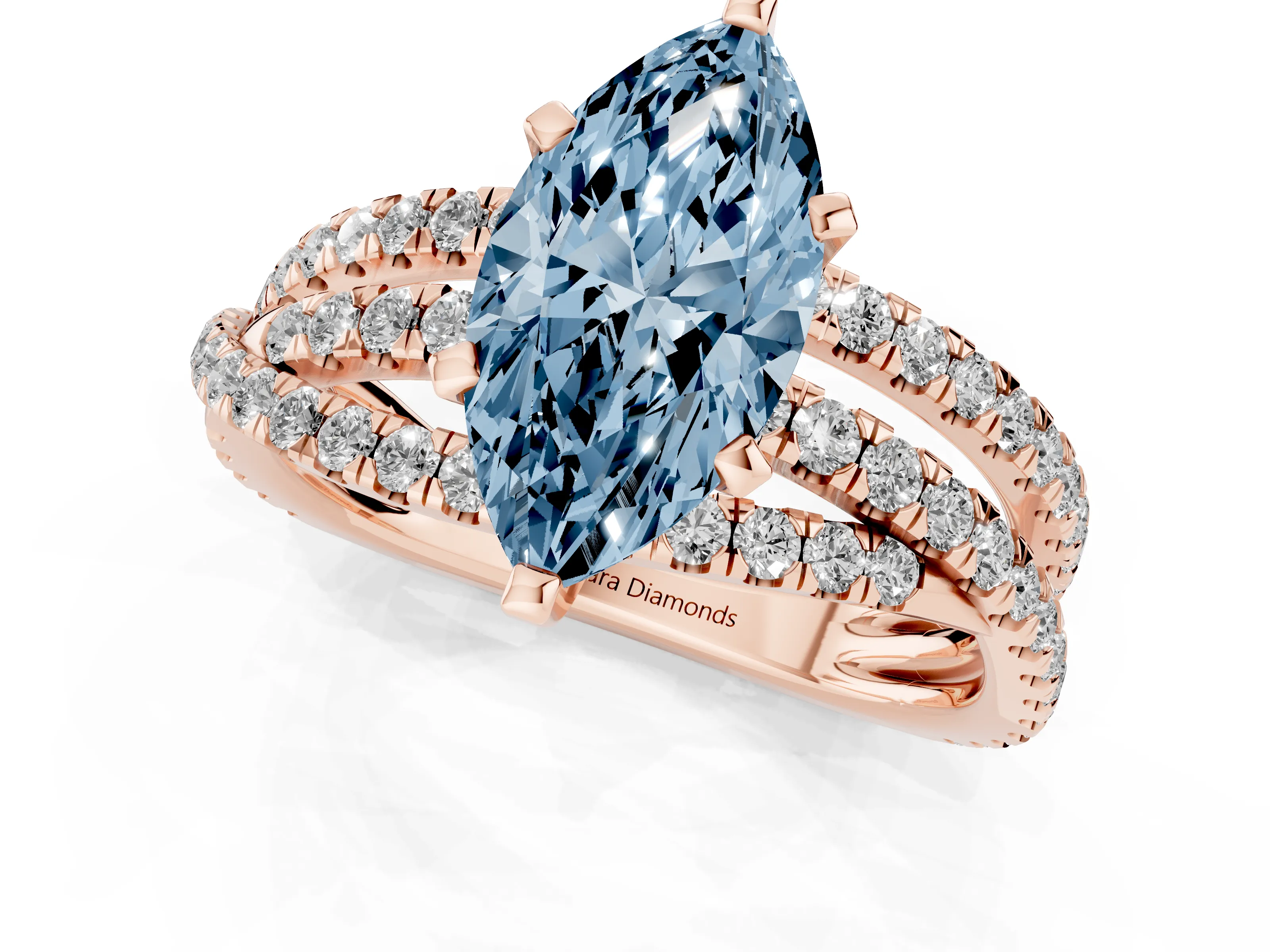Fancy Blue Marquise Cut Diamond Solitaire Twist Band Ring Set in Rose gold with Pavé Setting and Prong Head