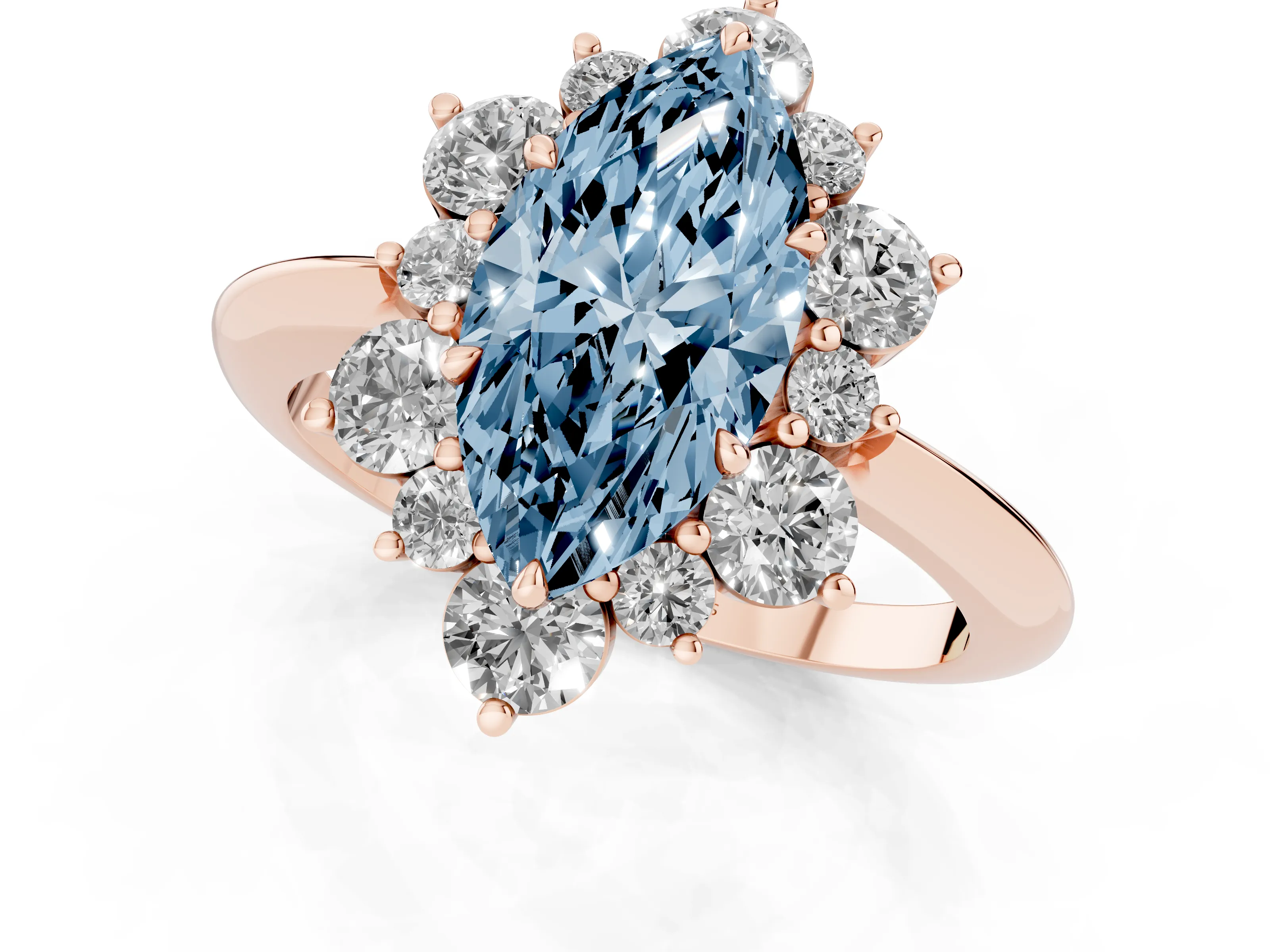 Fancy Blue Marquise Cut Diamond Cluster Halo Ring Set in Rose gold with Solitaire Band and Prong Setting
