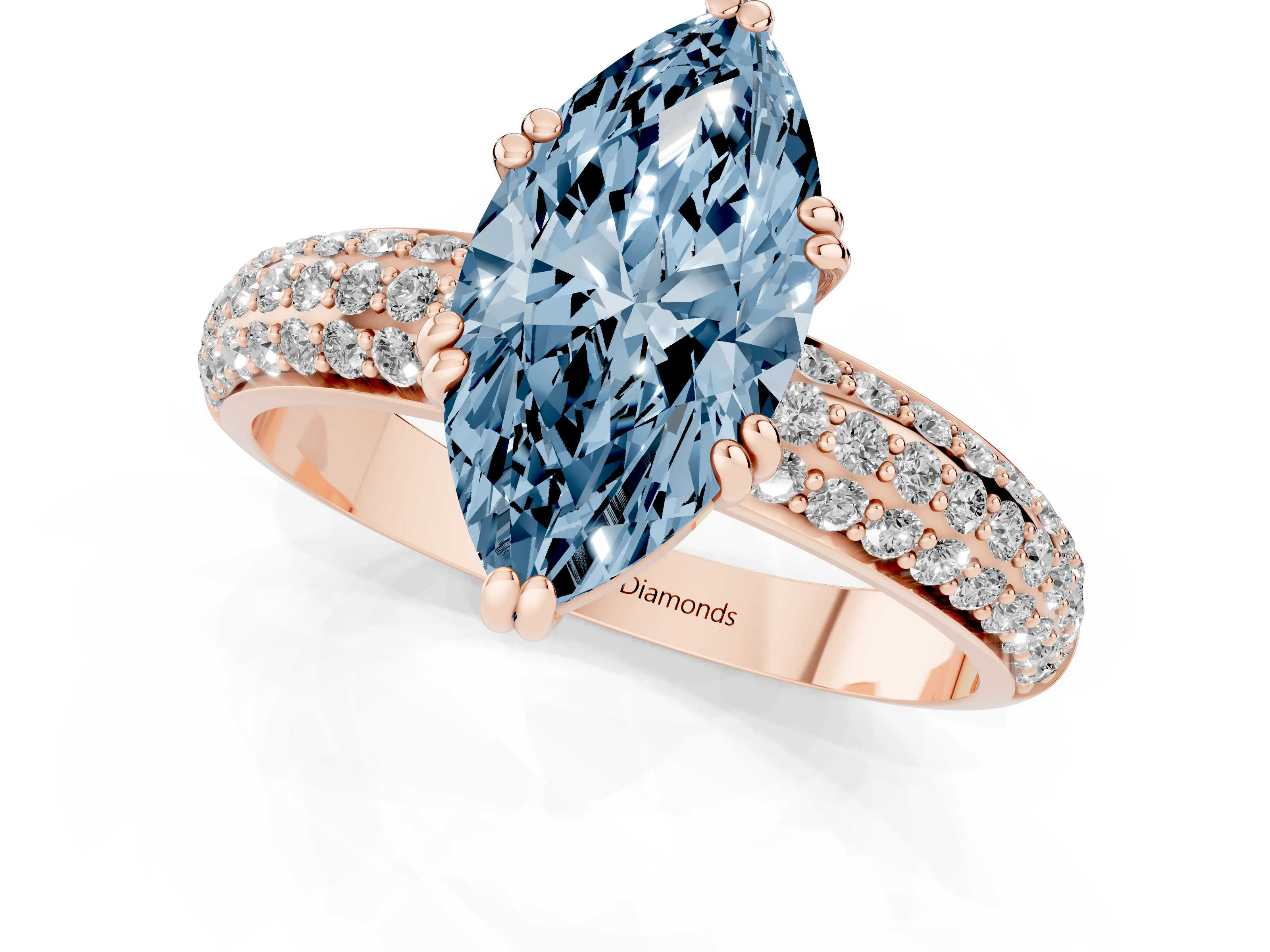 Fancy Blue Marquise Cut Diamond Solitaire Ring Set in Rose gold with Multi-Row Round Pavé Band and Prong Setting