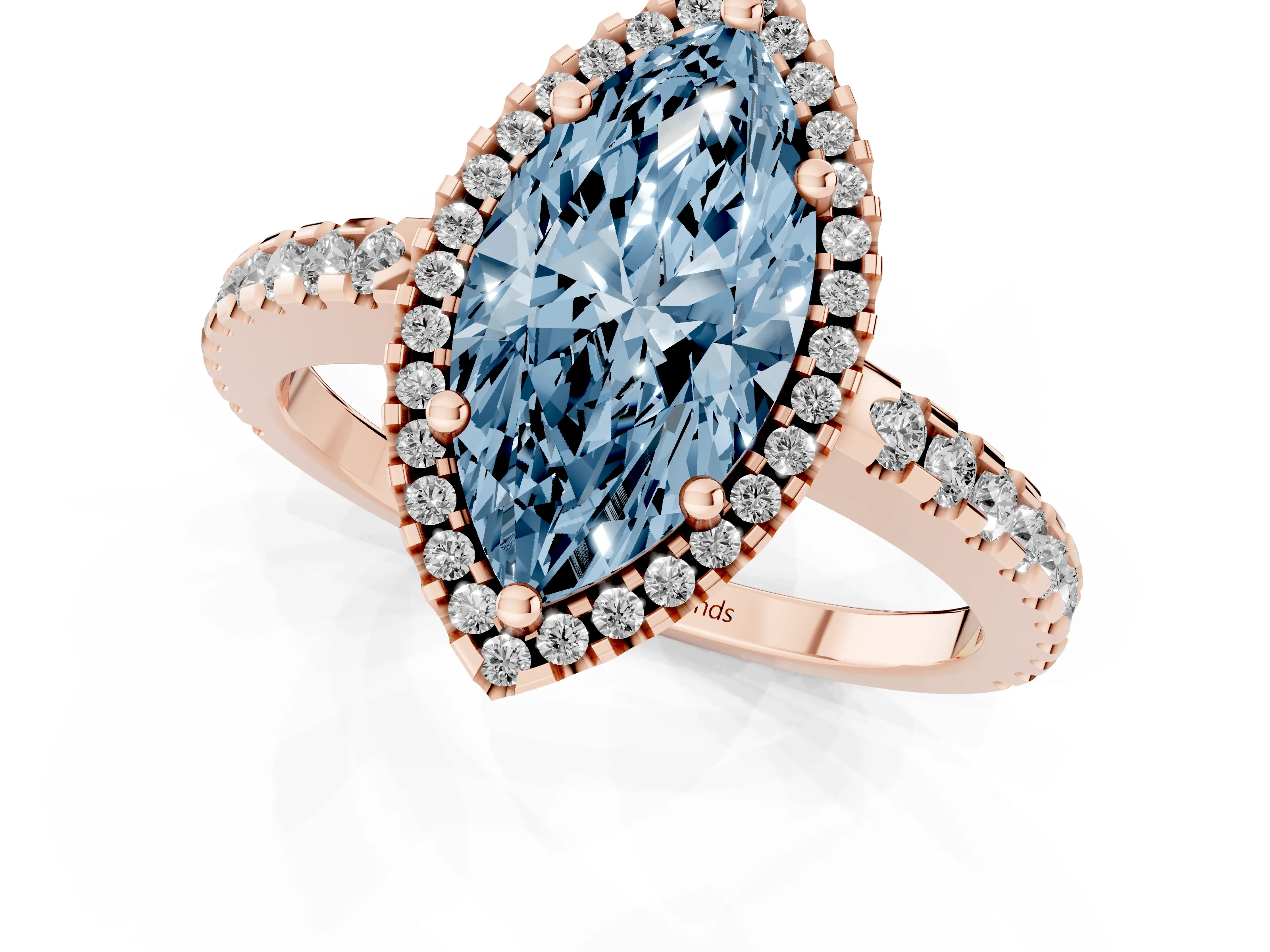 Fancy Blue Marquise Cut Diamond Halo Ring Set in Rose gold with Pavé Shoulders and Halo-Framed Center