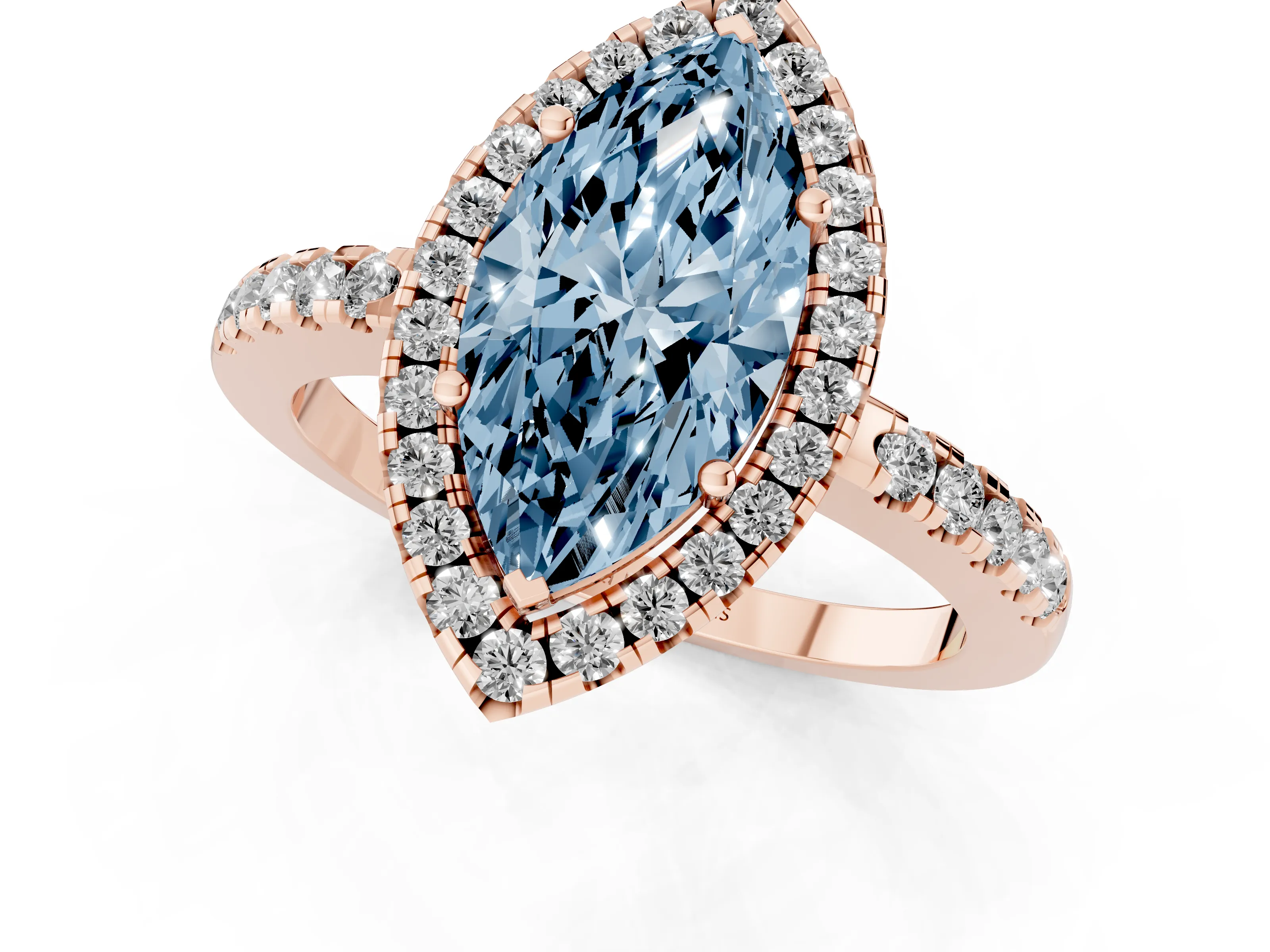 Fancy Blue Marquise Cut Diamond Pavé Band Halo Engagement Ring Set in Rose gold with Prong Setting