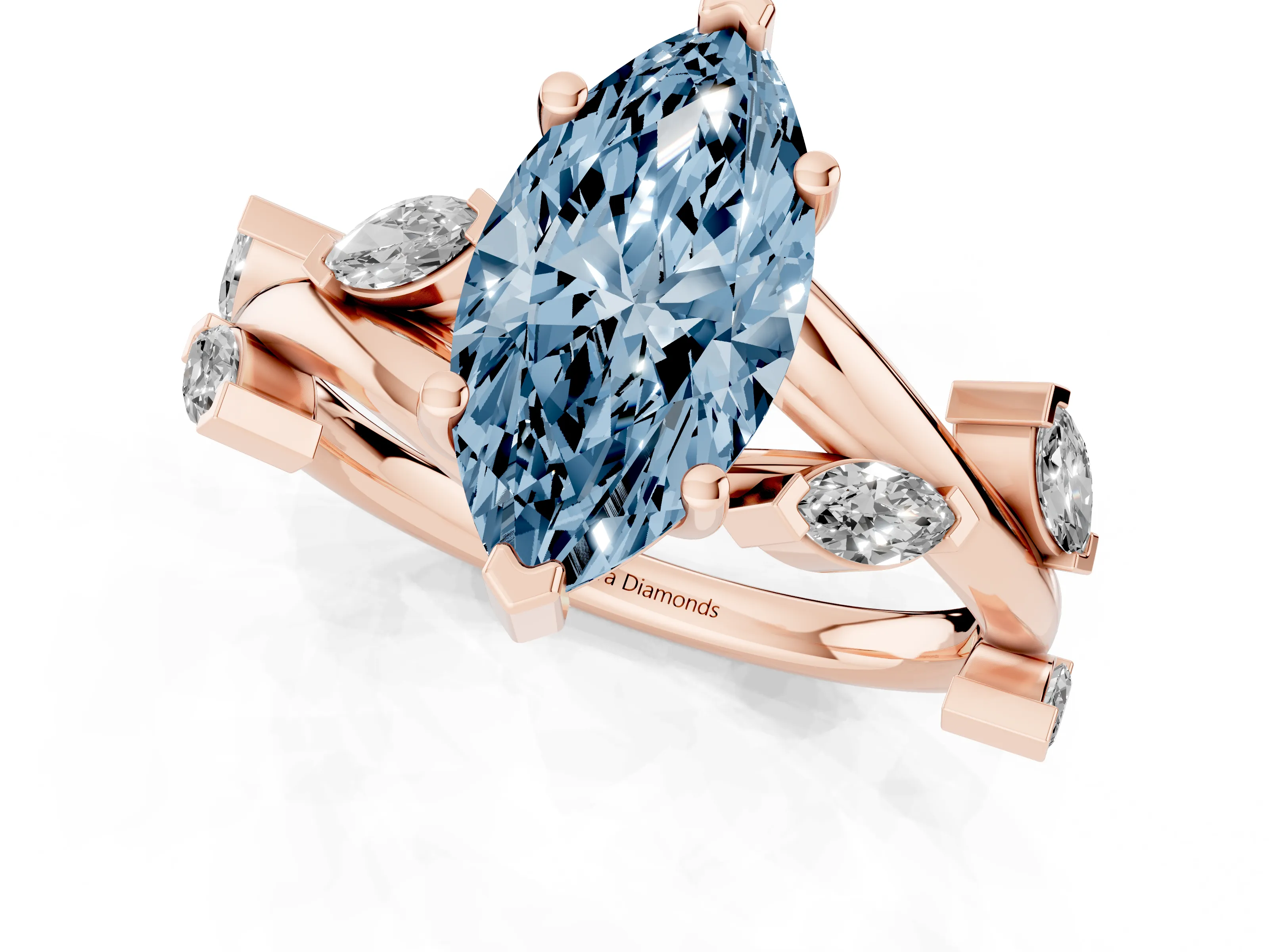 Fancy Blue Marquise Cut Diamond Solitaire Ring Set in Rose gold with Twisted Marquise Accent Band