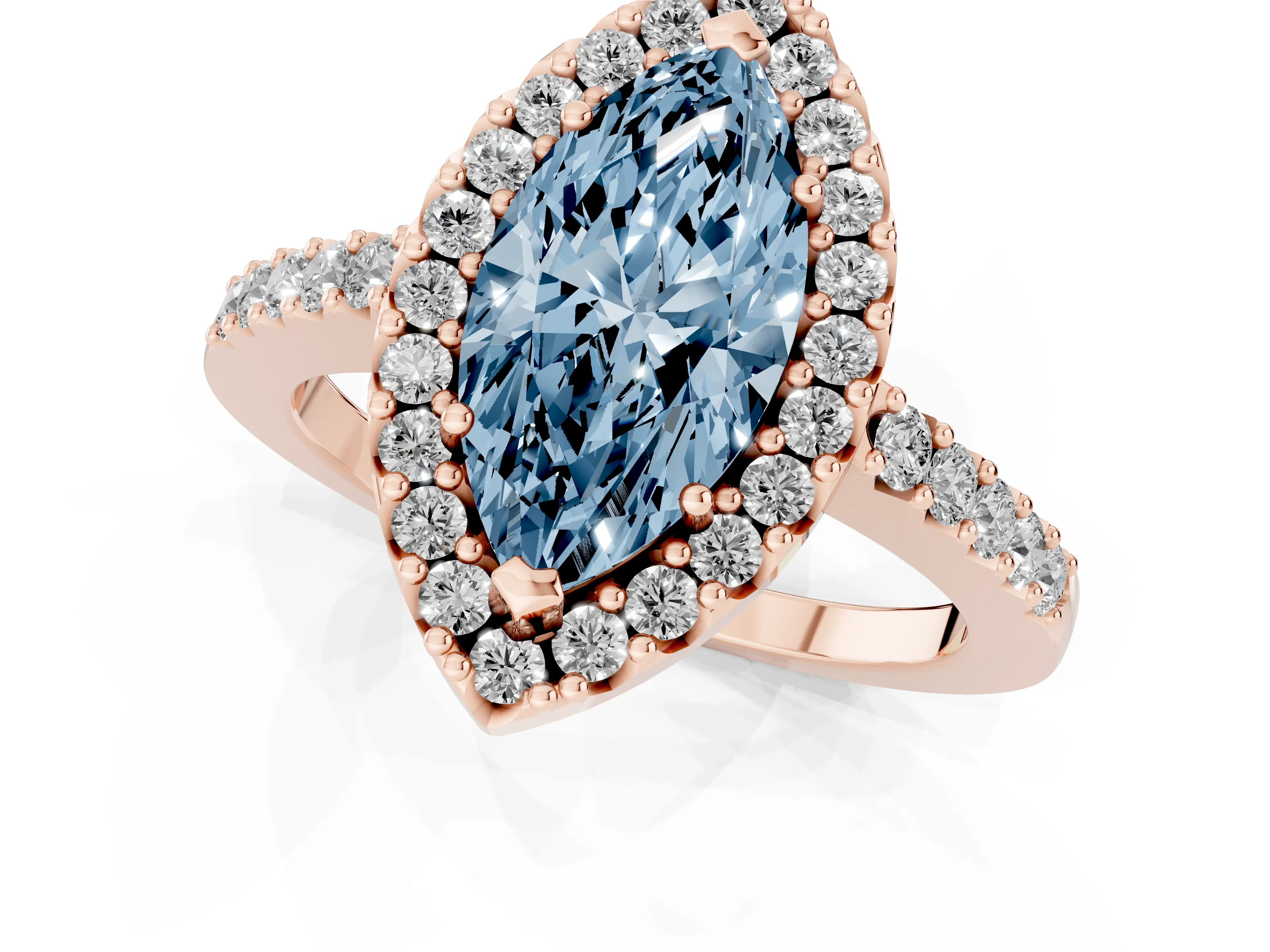 Fancy Blue Marquise Cut Diamond Halo Pavé Solitaire Ring Set in Rose gold with Prong-Set Center Stone