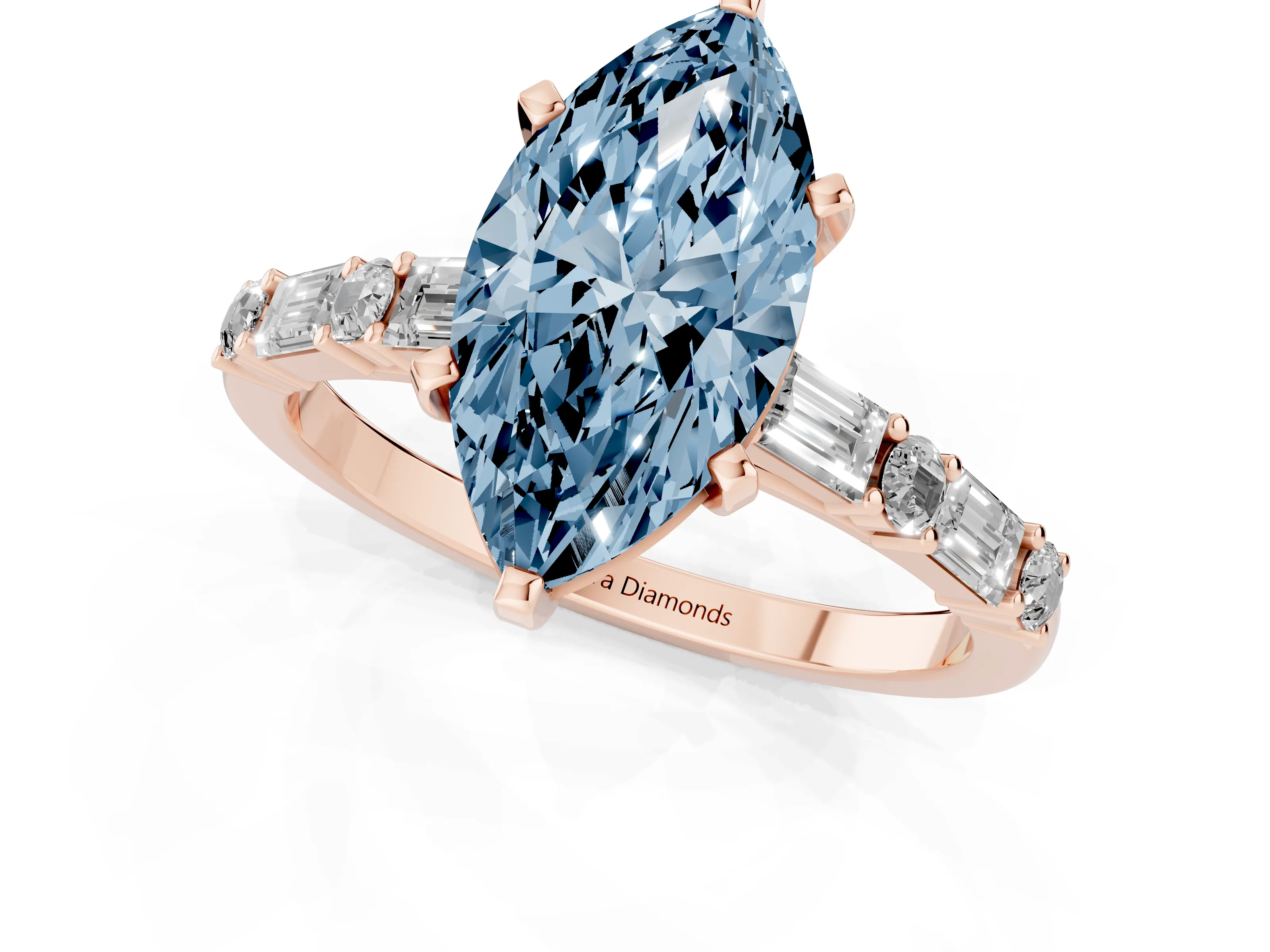 Fancy Blue Marquise Cut Diamond Solitaire Set in Rose gold with Side Baguettes and Channel Set Band