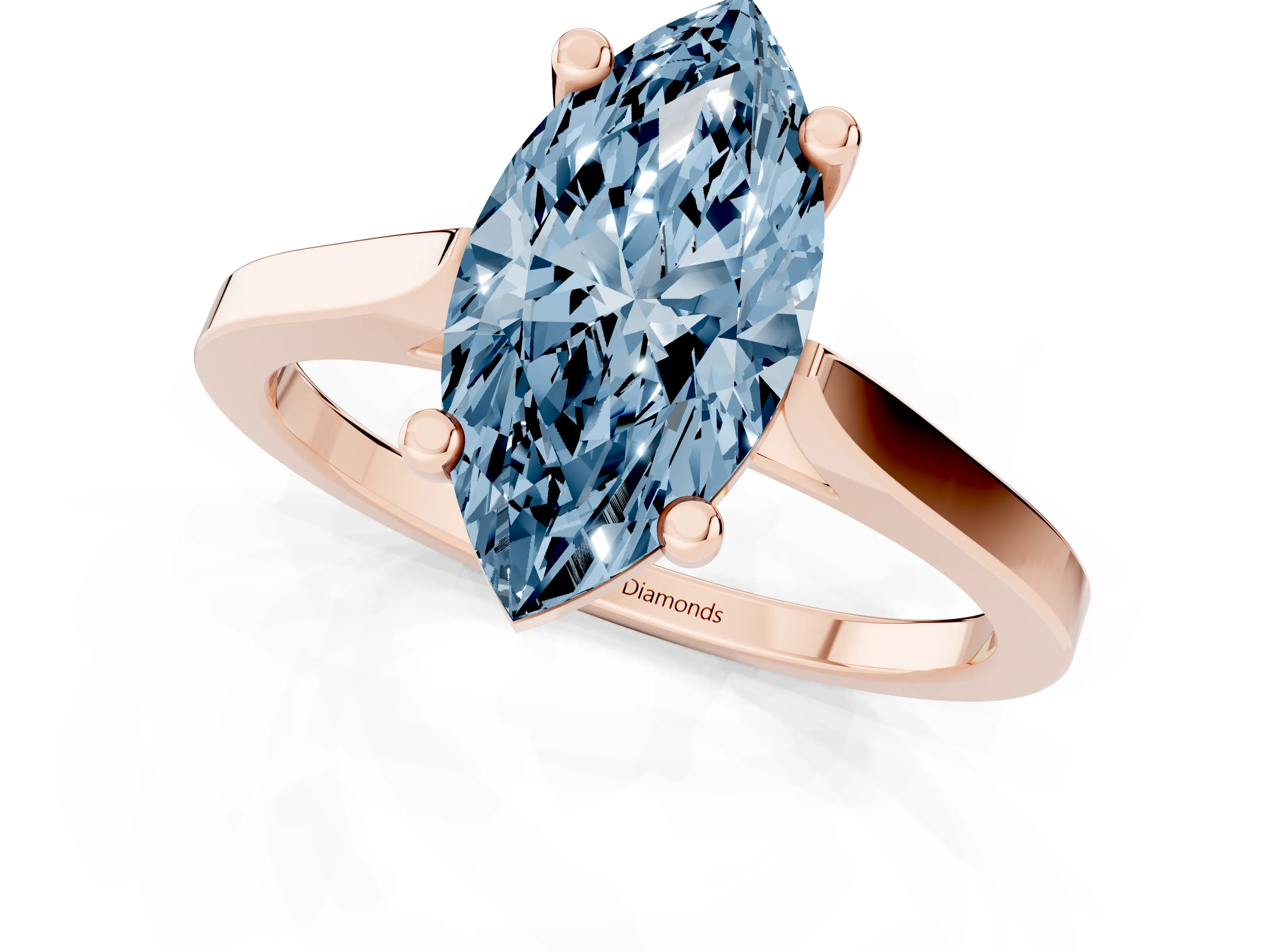 Fancy Blue Marquise Cut Diamond Solitaire Ring Set in Rose gold with Prong Setting and Tapered Band
