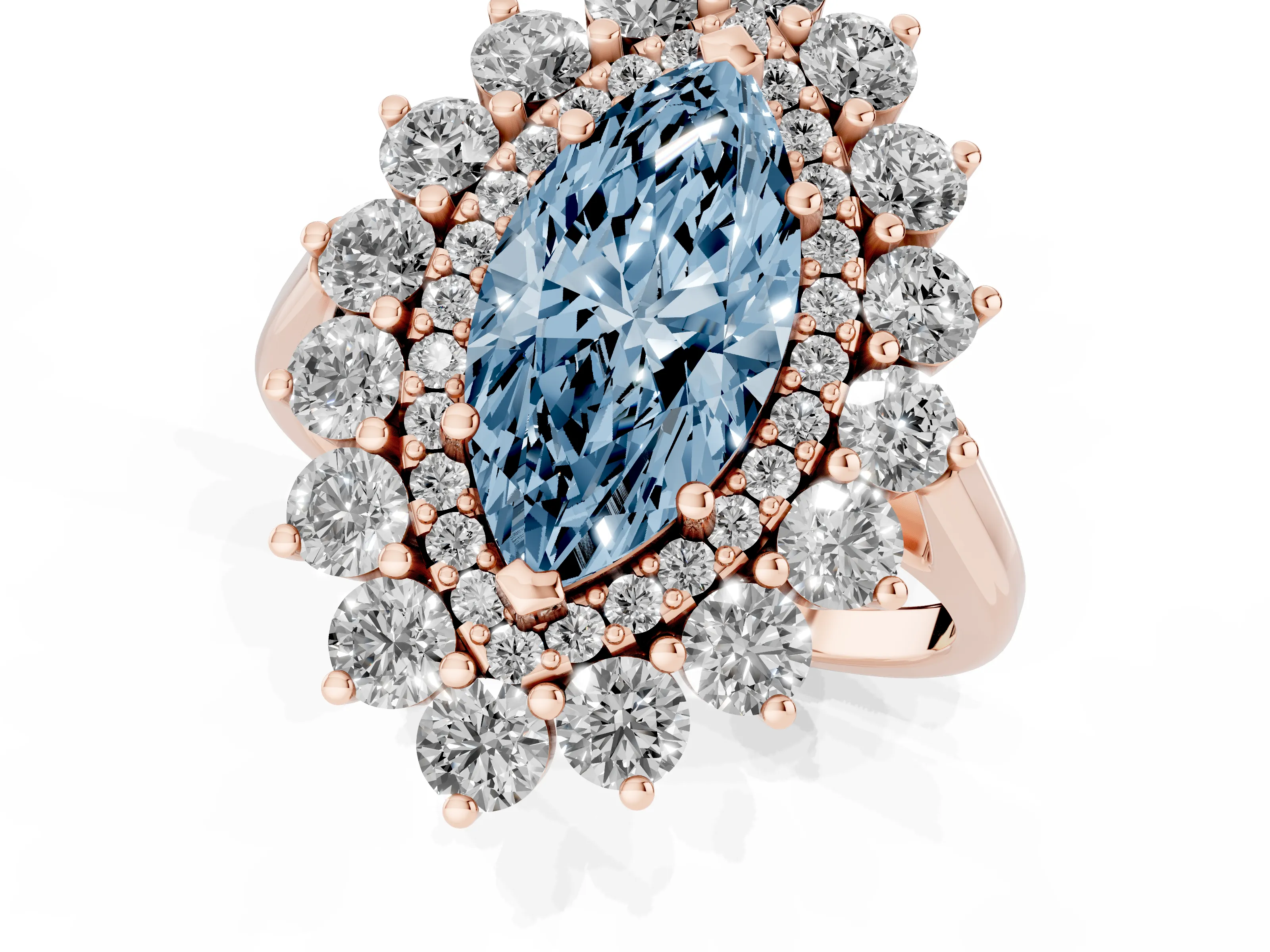 Fancy Blue Marquise Cut Diamond Floral Double Halo Ring Set in Rose gold with Round Petals