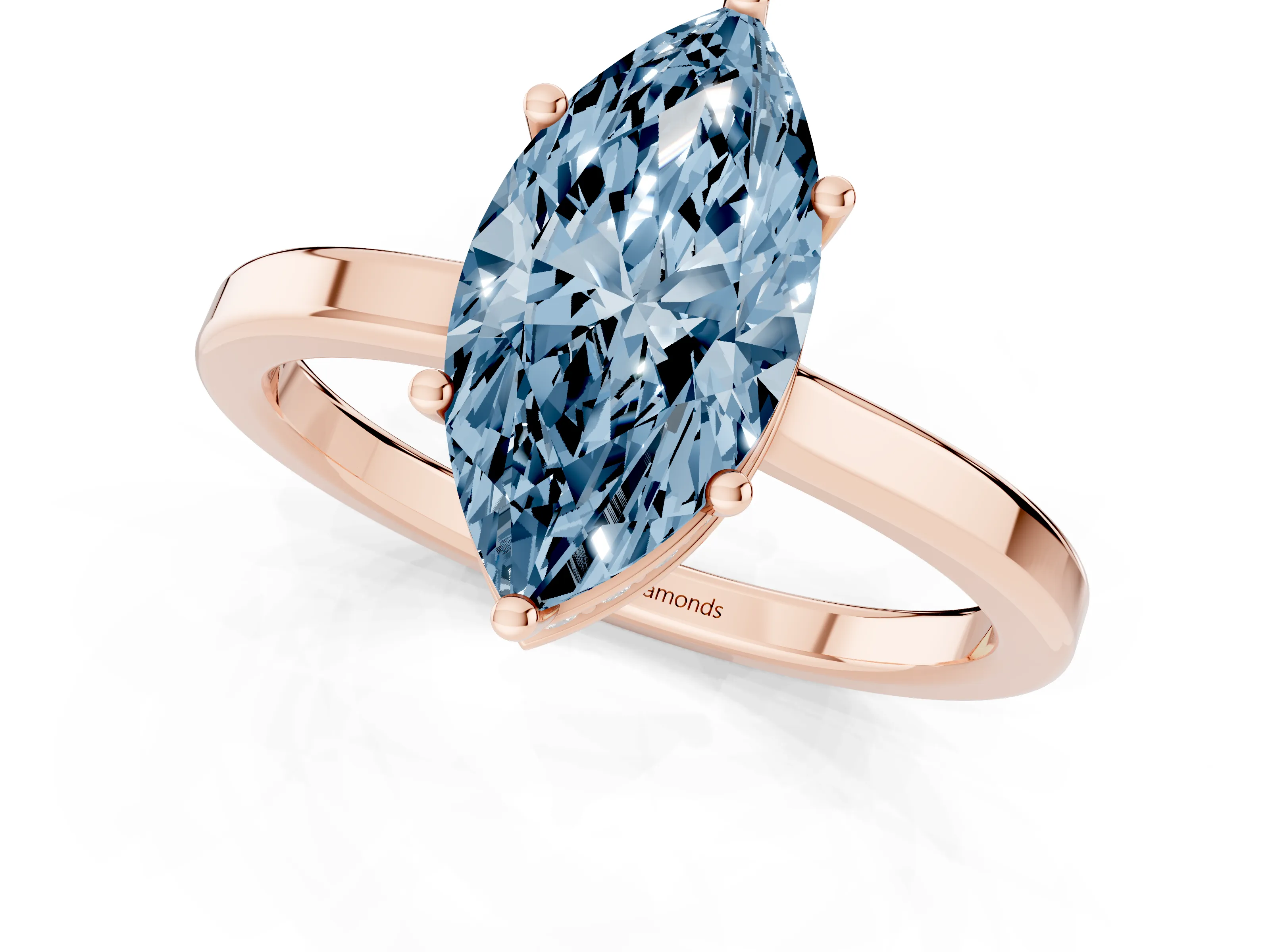 Fancy Blue Marquise Cut Diamond Solitaire Engagement Ring Set in Rose gold with Prong Setting on a Plain Band