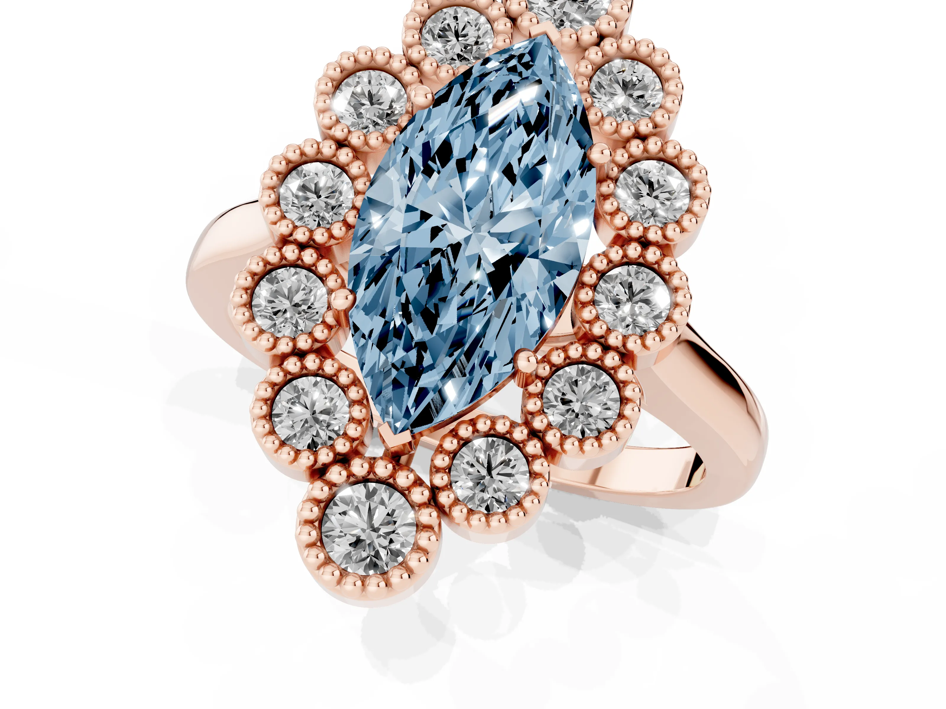 Fancy Blue Marquise Cut Diamond Cluster Halo Ring Set in Rose gold with Milgrain Bezel Accents and Plain Band