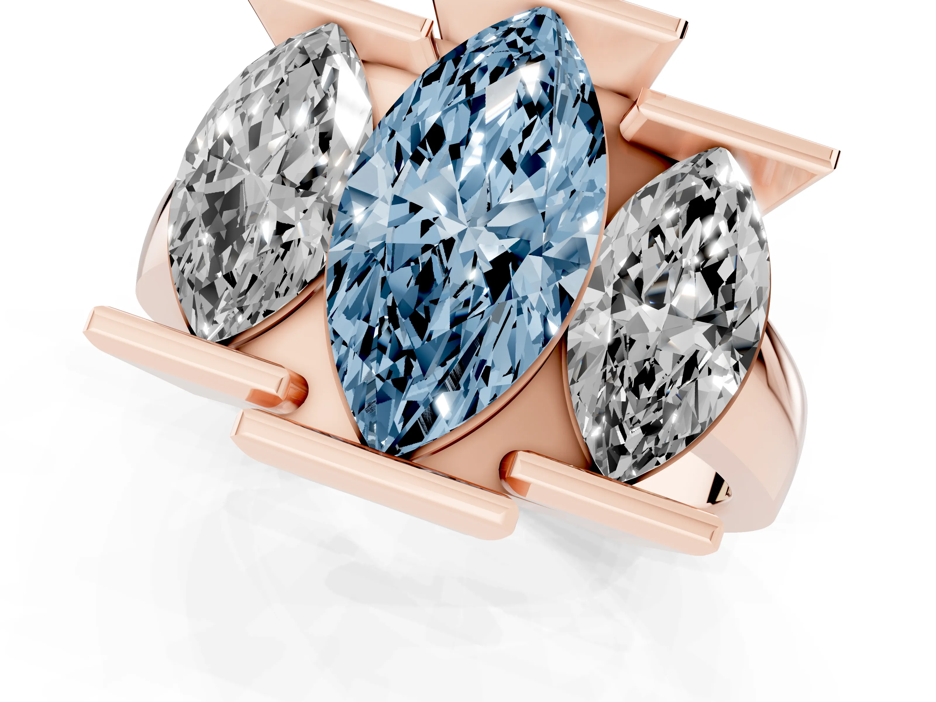 Fancy Blue Marquise Cut Diamond Three-Stone Channel Set Ring Set in Rose gold with Smooth Polished Band