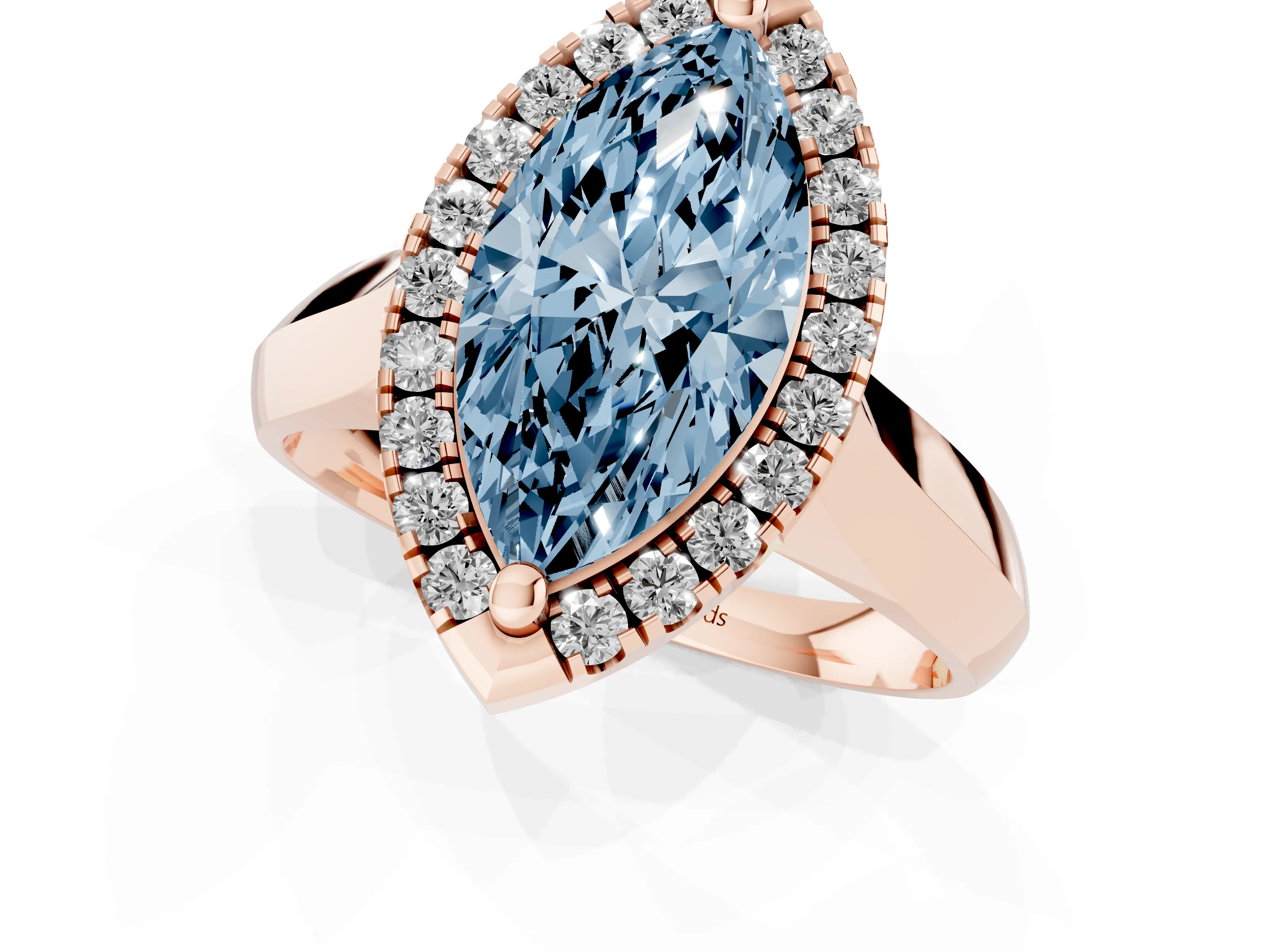 Fancy Blue Marquise Cut Diamond Halo Solitaire Engagement Ring Set in Rose gold with Square Band and Prong Setting